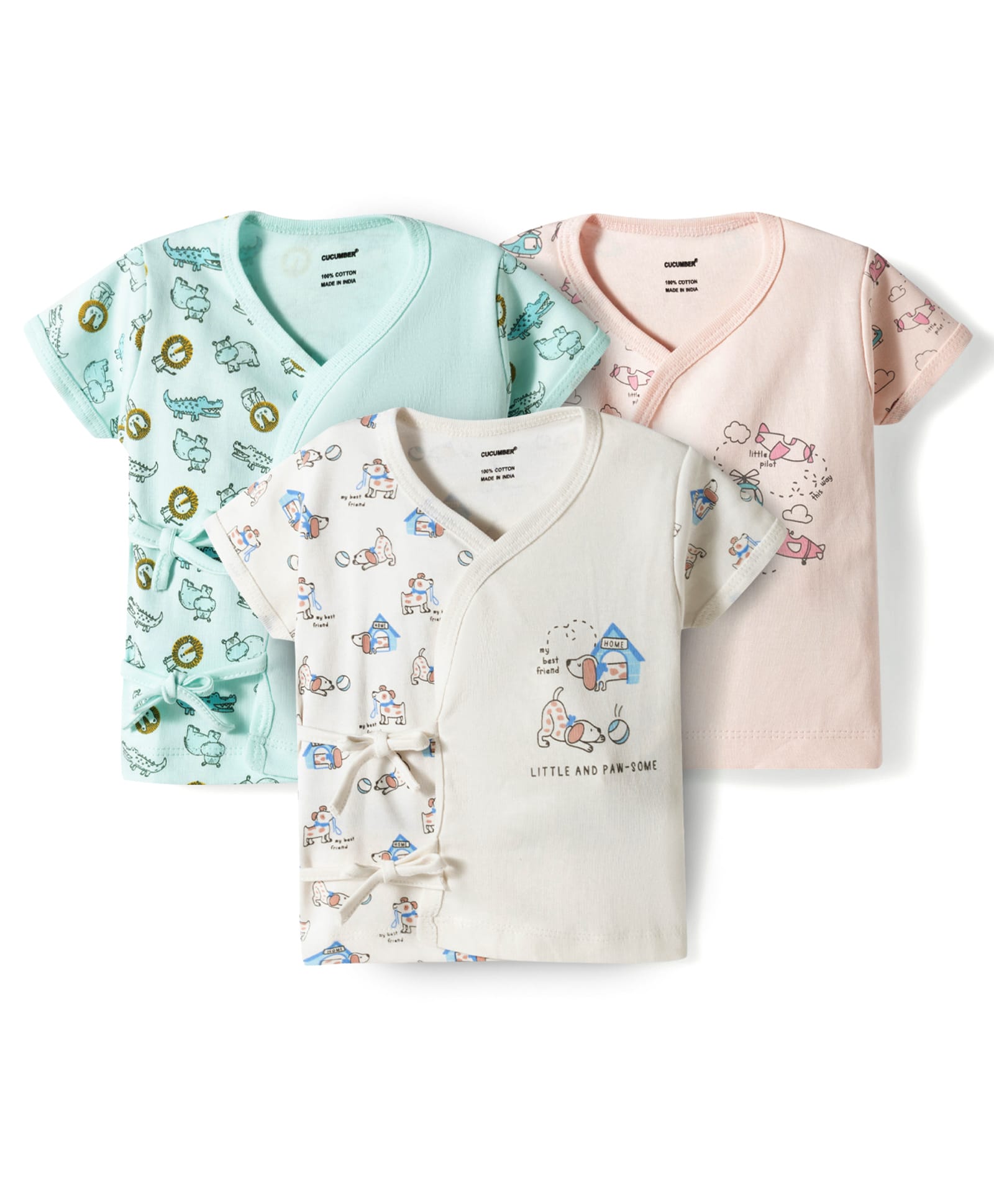 CUCUMBER Sinker Knit Half Sleeves Jhablas With Animal Print Pack of 3 - Pink Blue & White-picture-20