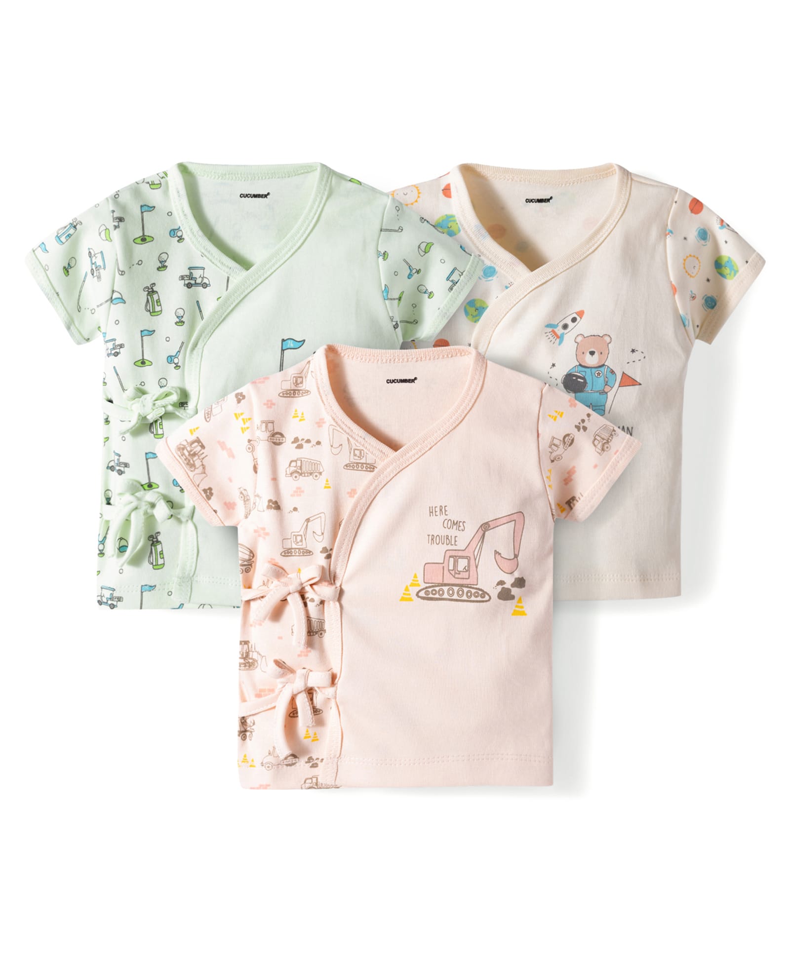CUCUMBER Sinker Knit Half Sleeves Printed Jhablas Pack of 3 - Peach Green & Cream-image-43