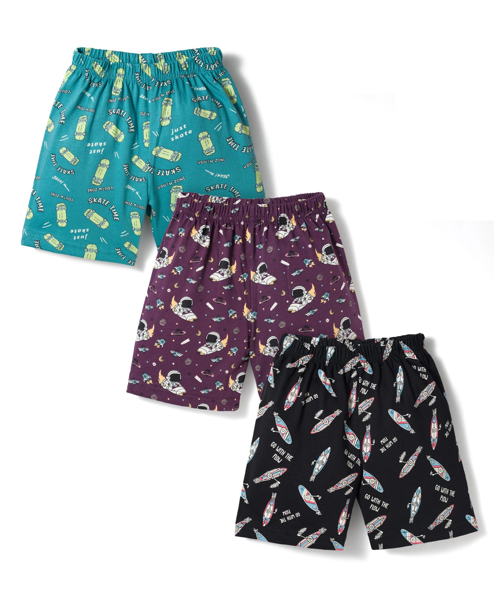 CUCUMBER Sinker Knit Above Knee Length Space Theme Printed Shorts Pack Of 3 - Teal Blue Green & Purple-picture-20