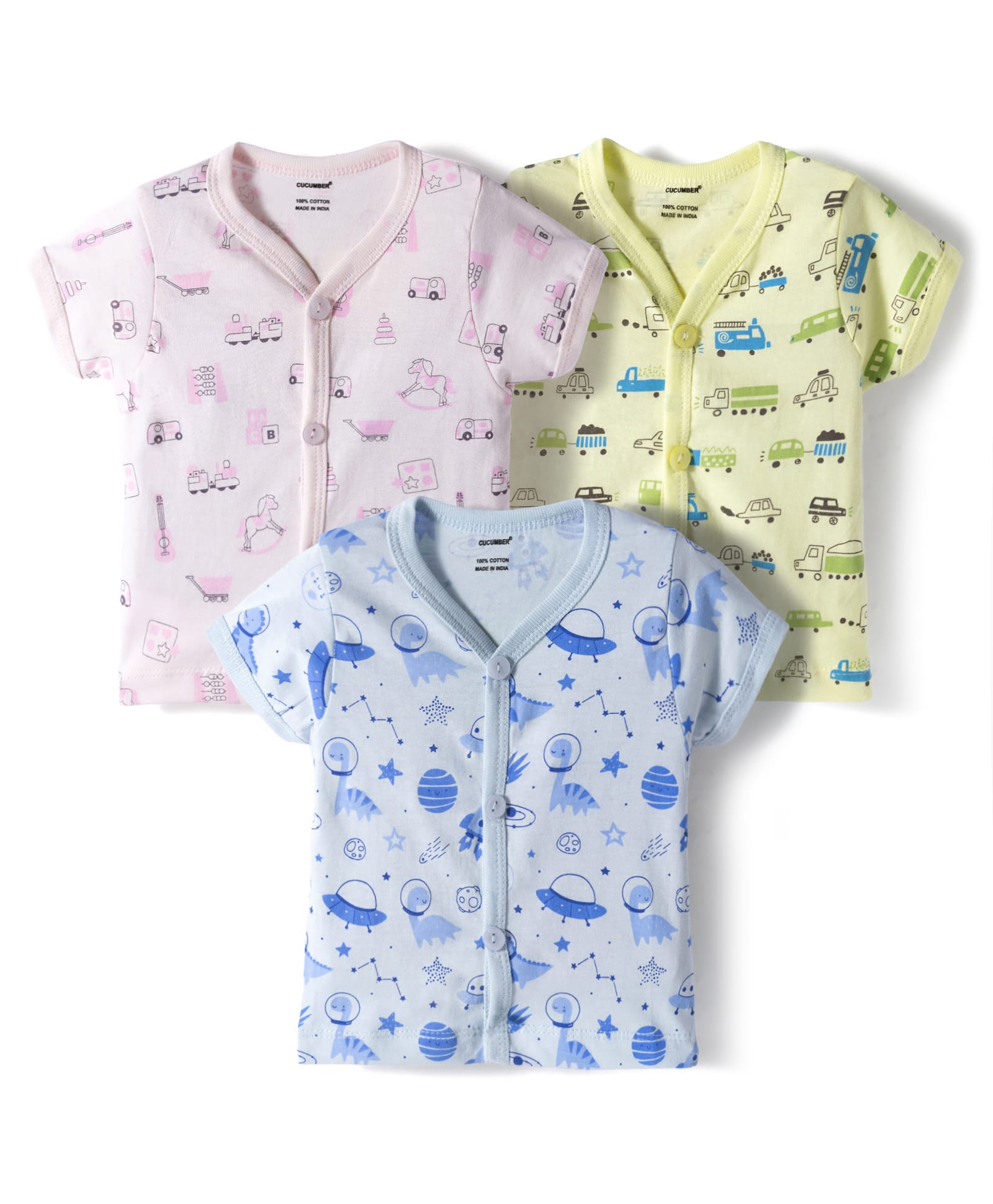 CUCUMBER Sinker Knit Half Sleeves Jhablas With Vehicle Space Theme Print Pack of 3 - Pink Blue & Yellow-picture-24