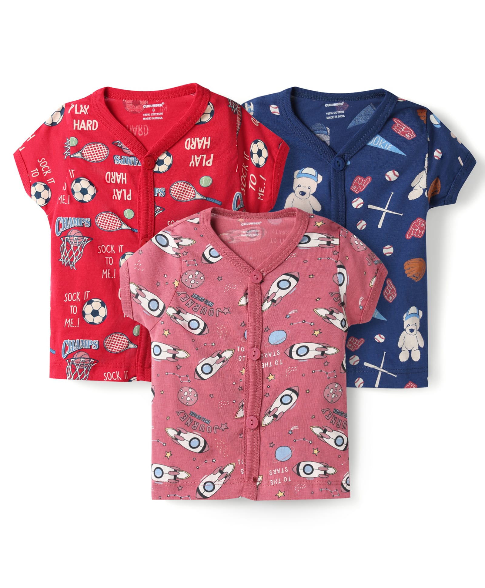 CUCUMBER Sinker Knit Half Sleeves Printed Vests Pack of 3 - Multicolor-image-43