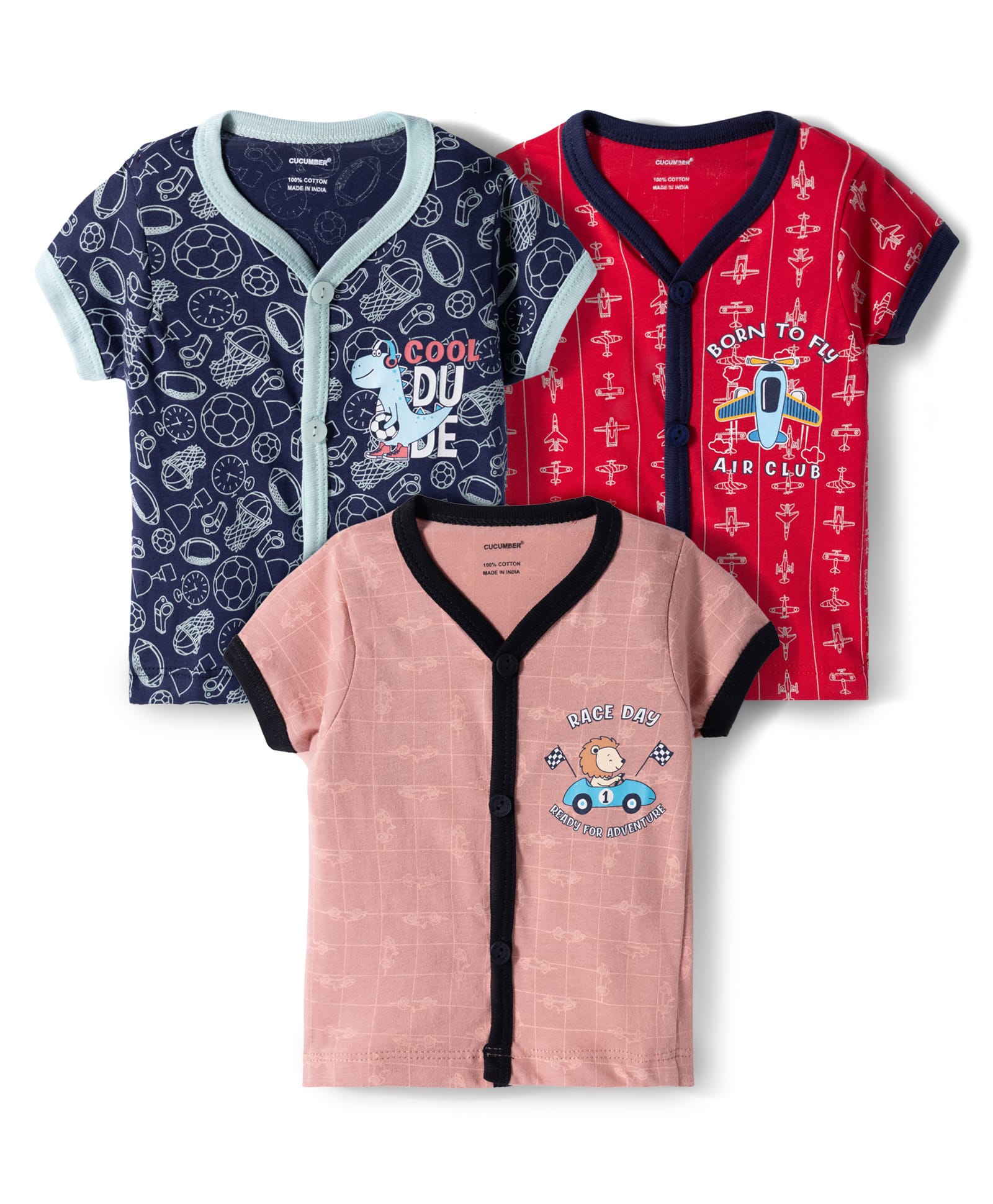 CUCUMBER Sinker Knit Half Sleeves Printed Jhablas Pack of 3 - Red Navy Blue & Peach-image-45
