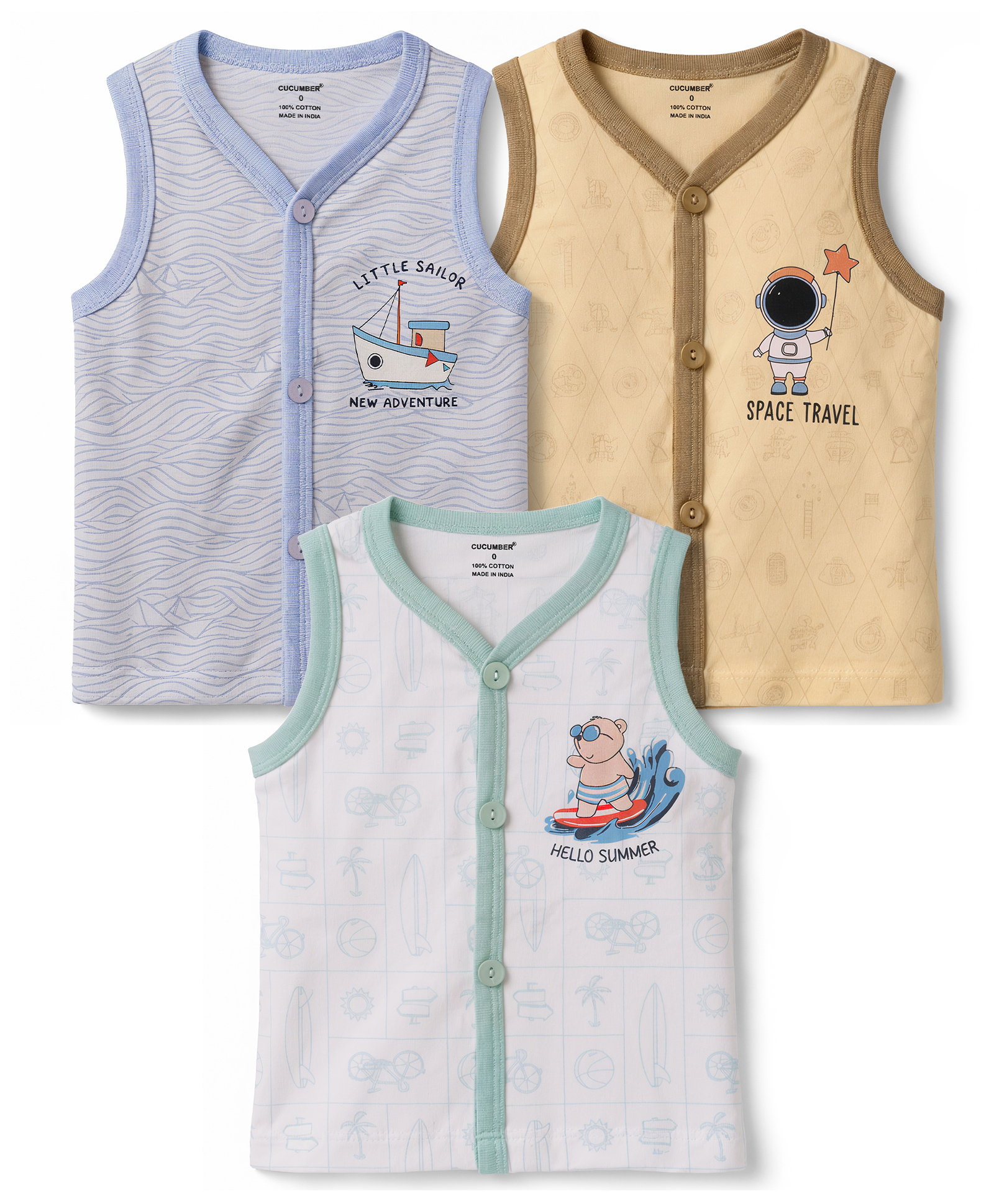 CUCUMBER Sinker Knit Sleeveless Jhablas With Ship Astronaut & Bear Print Pack of 3 - Blue Lemon Yellow & White-image-41