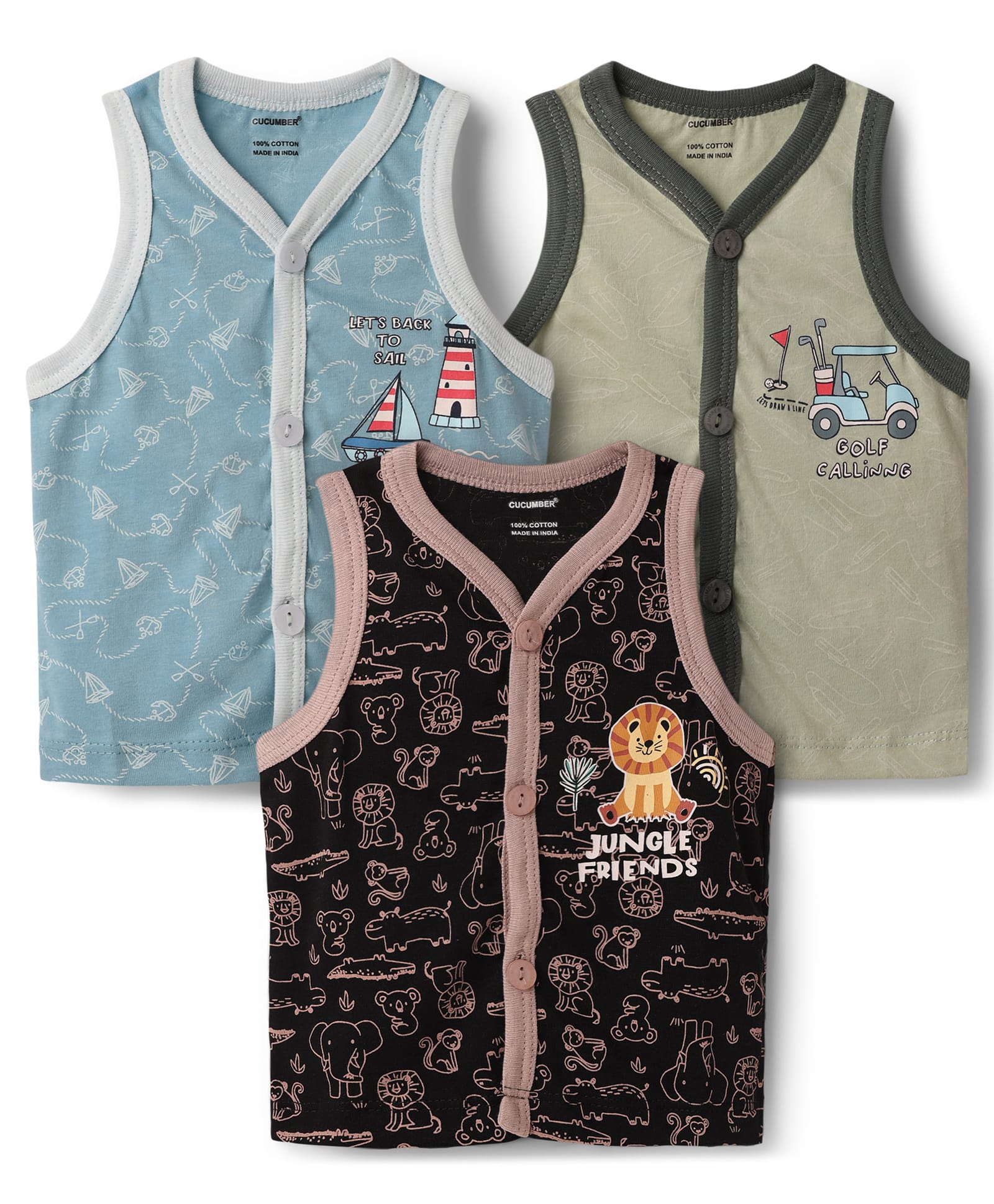 CUCUMBER Sinker Knit Sleeveless Vests with Animal & Boat Print Pack of 3 - Multicolor-picture-36