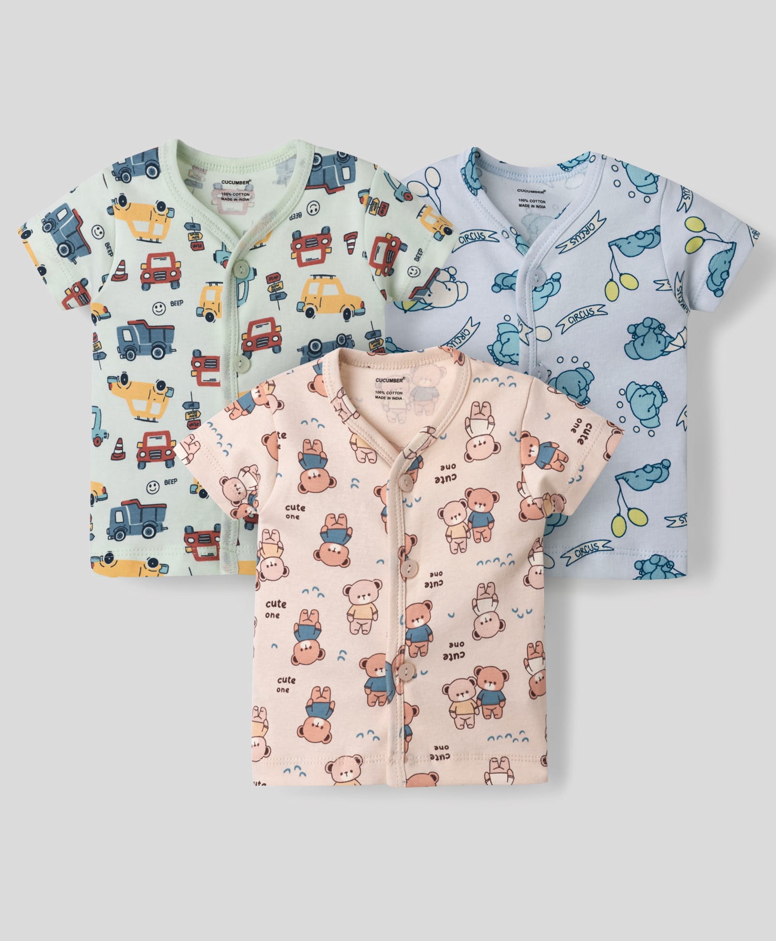 CUCUMBER Sinker Knit Half Sleeves Jhablas with Animal & Car Print Pack of 3 - Multicolor-picture-10