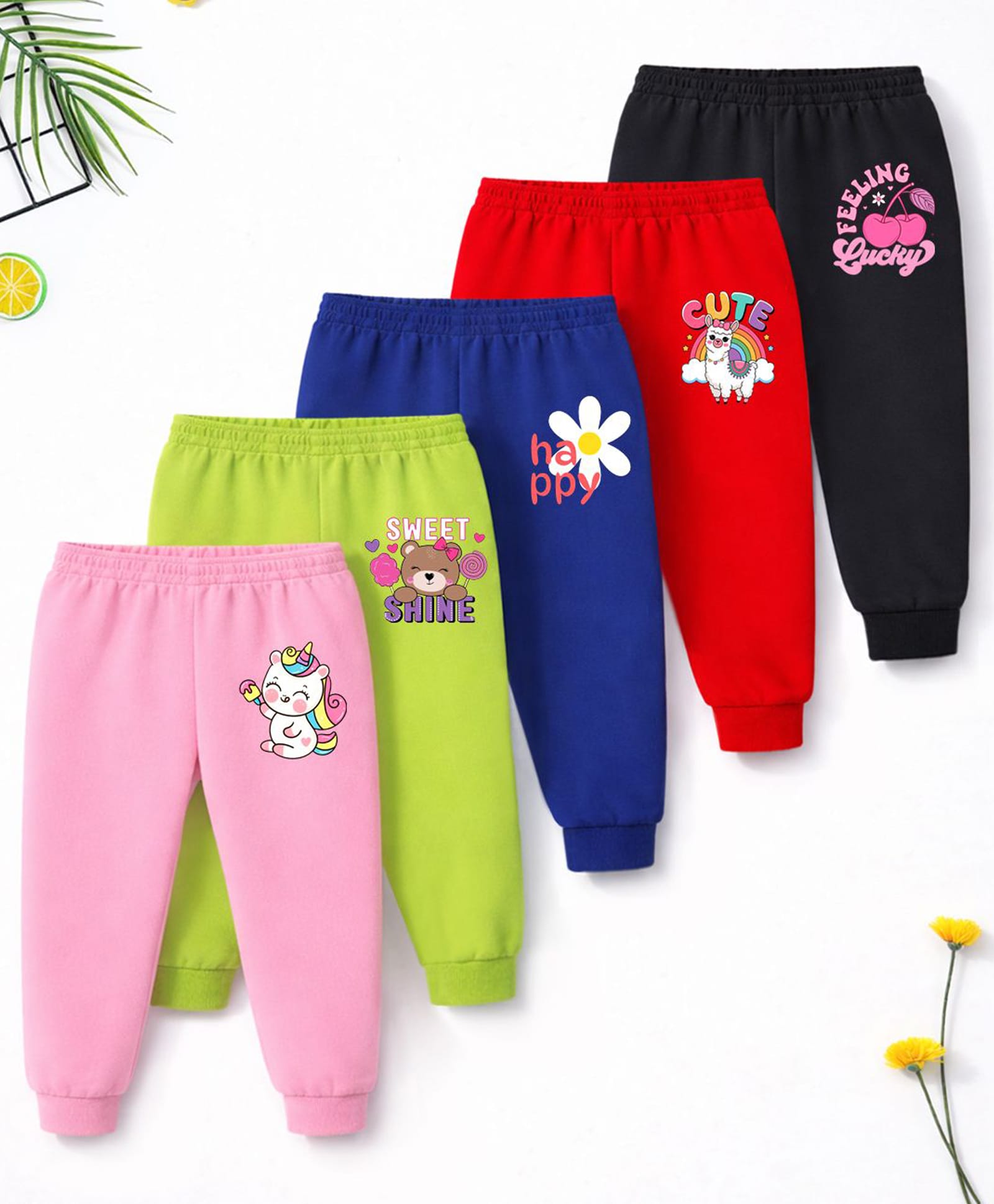 Trampoline Cotton Blend Knit Pack Of 5 Bear & Unicorn Printed Joggers - Multi Colour-image-46