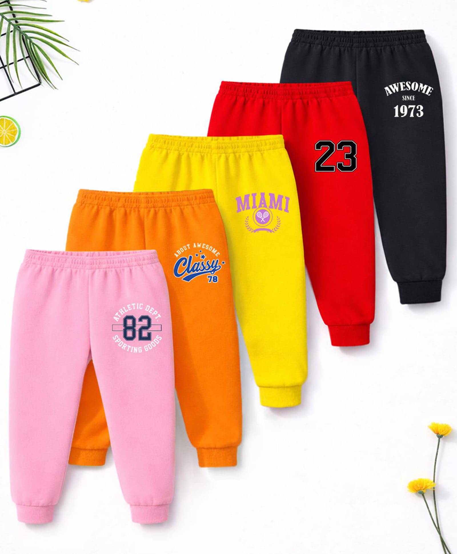 Trampoline Cotton Blend Knit Pack Of 5 Numeric & Typography Printed Joggers - Multi Colour-image-31