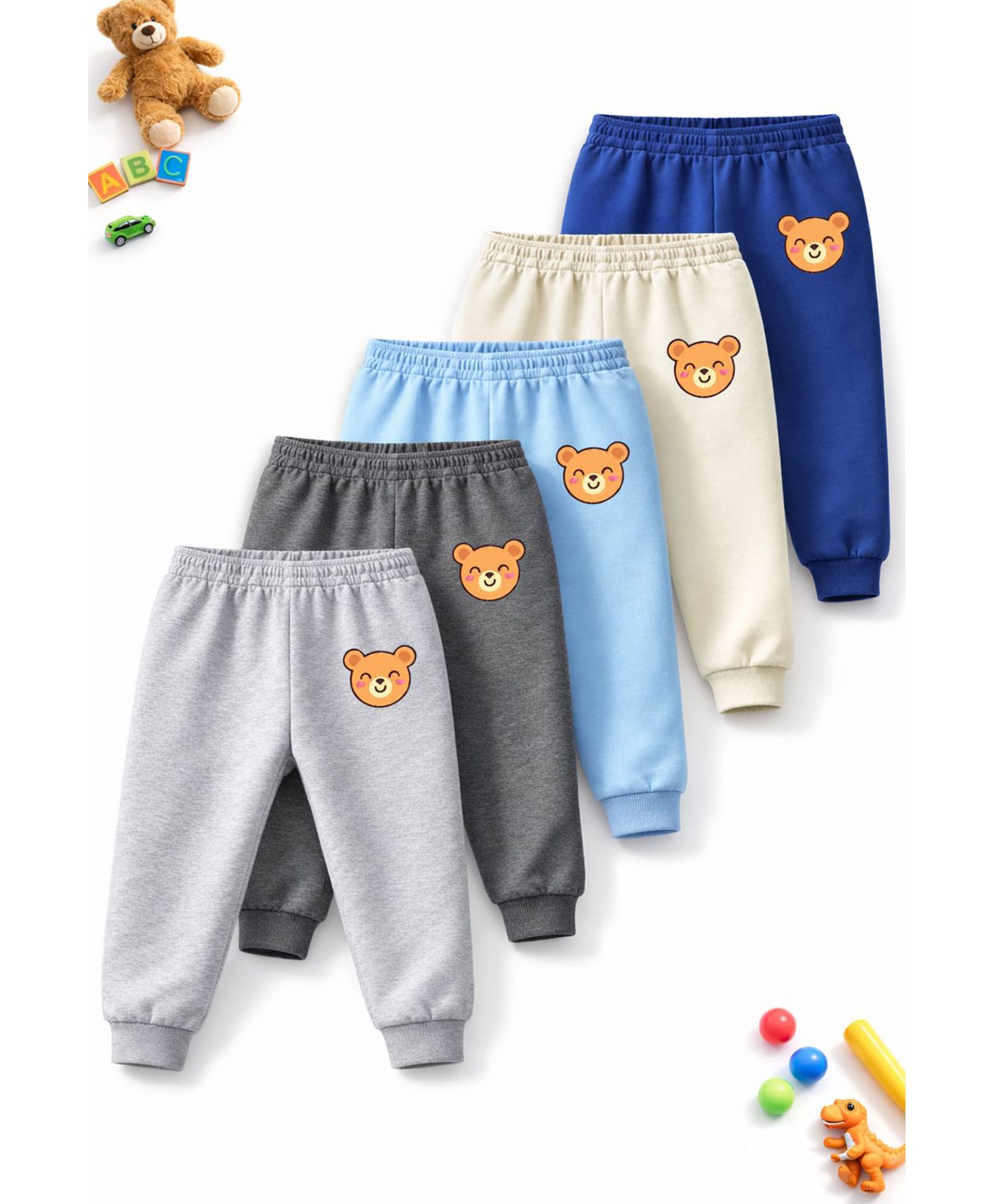 Trampoline Cotton Blend Knit Pack Of 5 Bear Printed Joggers - Multi Colour-picture-13