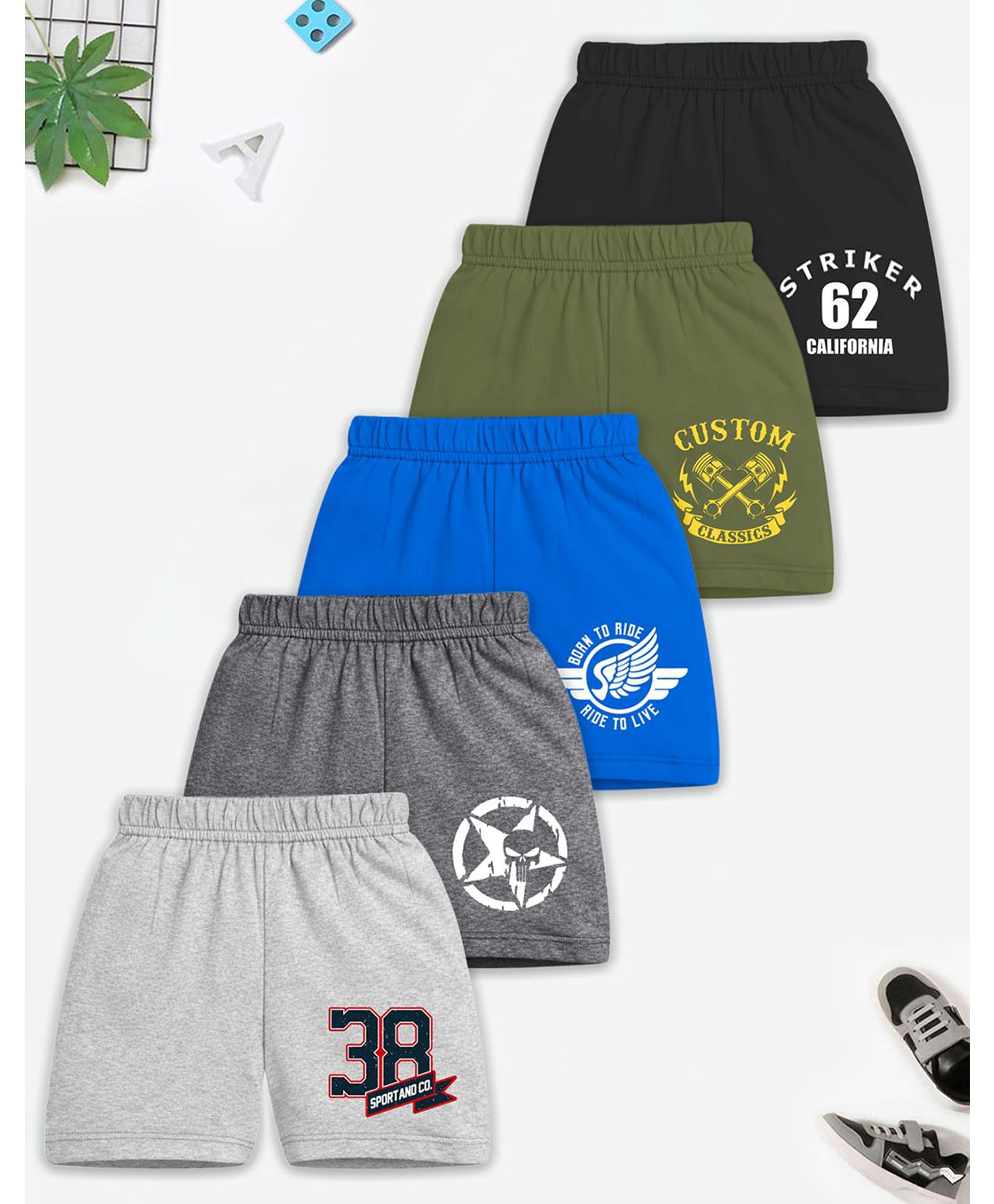 Trampoline Cotton Blend Knit Pack Of 5 Numeric & Typography Printed Shorts - Multi Colour-image-49