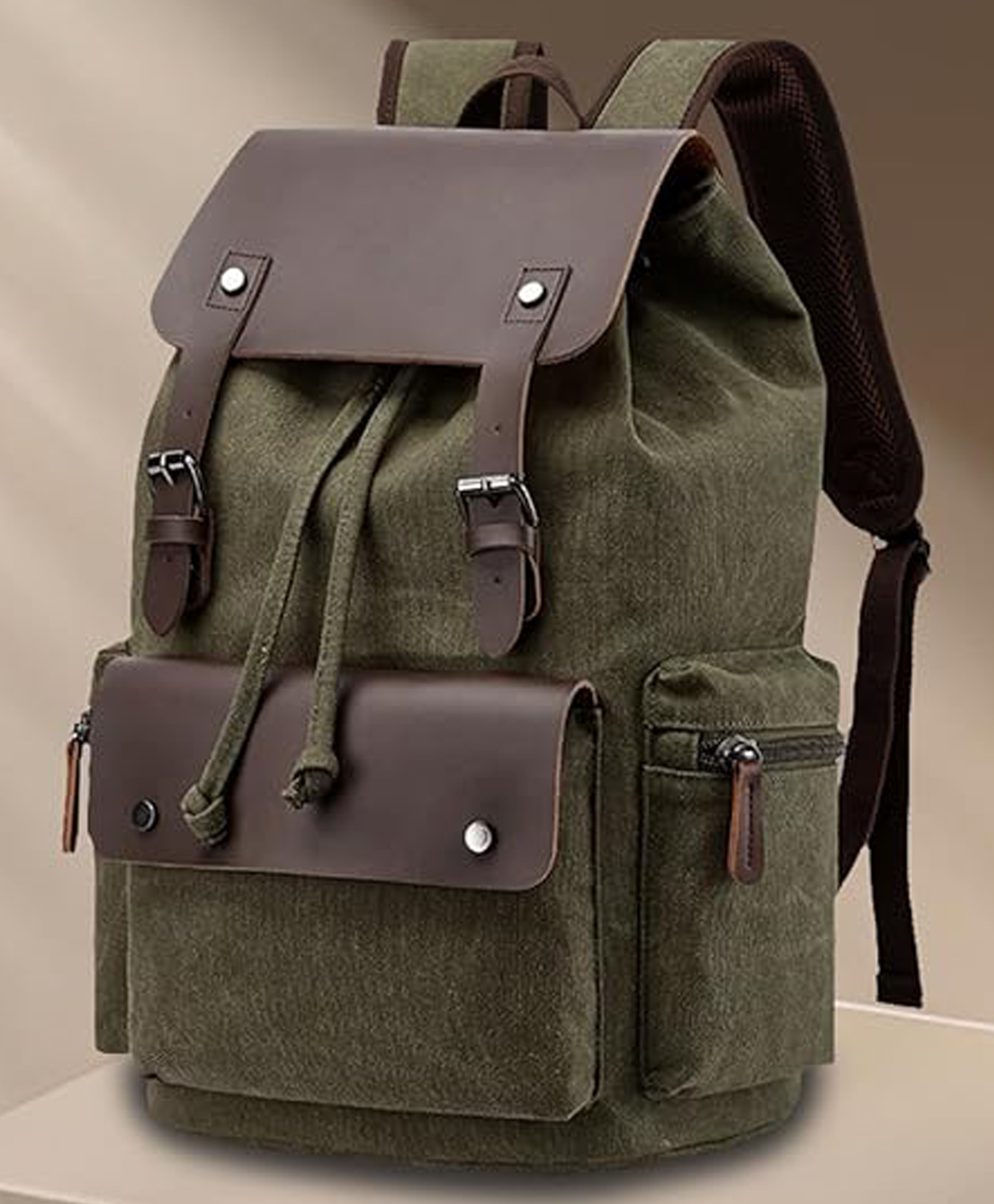 FUR JADEN Eco Friendly Travel Laptop Backpack Made of Water Resistant Sustainable Canvas & Vegan Leather for Men & Women for Travel Hiking Work - Olive Green-image-30