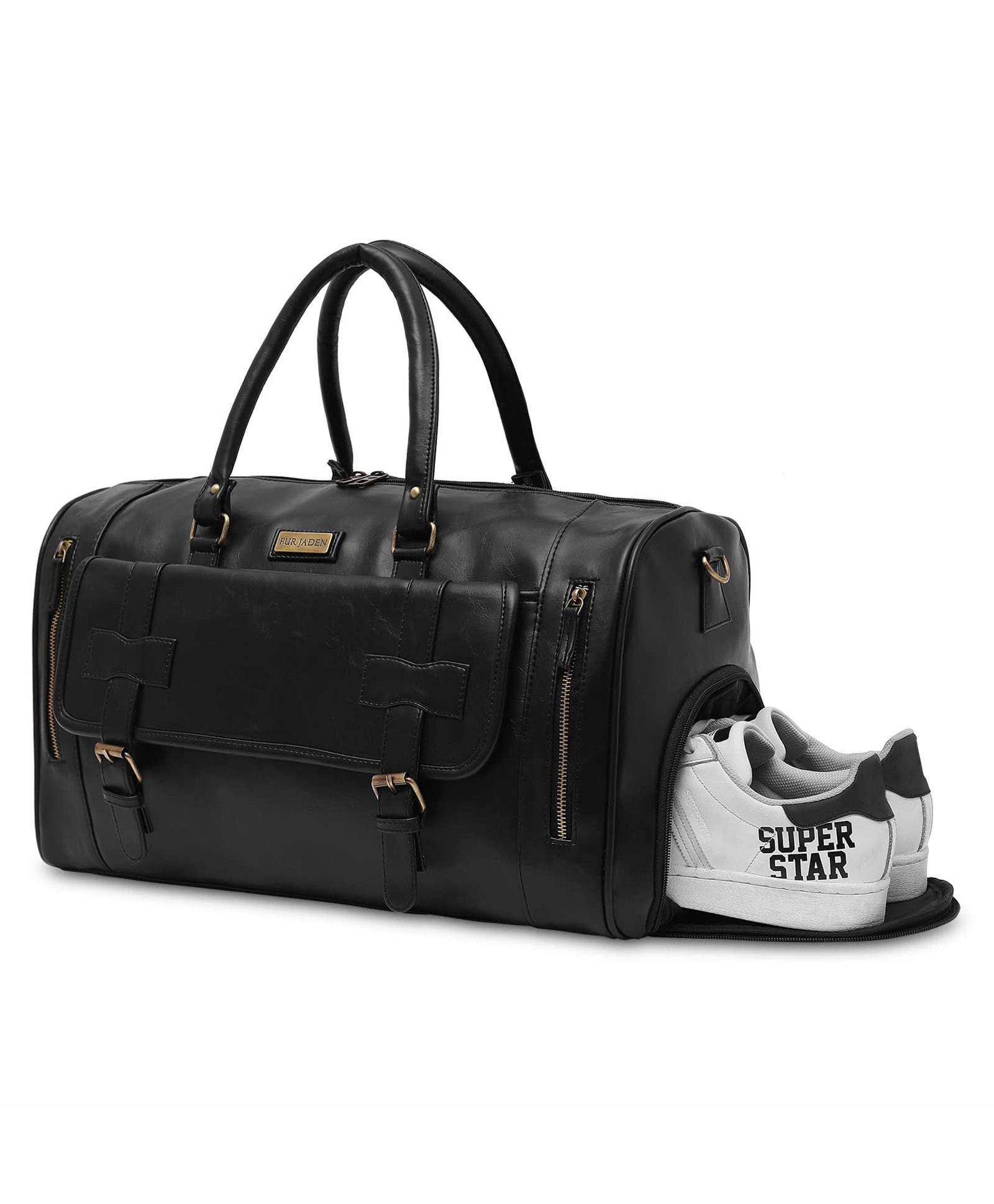 Fur Jaden Weekender Premium Duffle Bag with Shoe Pocket for Travel for Men & Women Made of Faux Leather with Attachable Shoulder Strap Cabin Holiday Bag - Black-picture-9