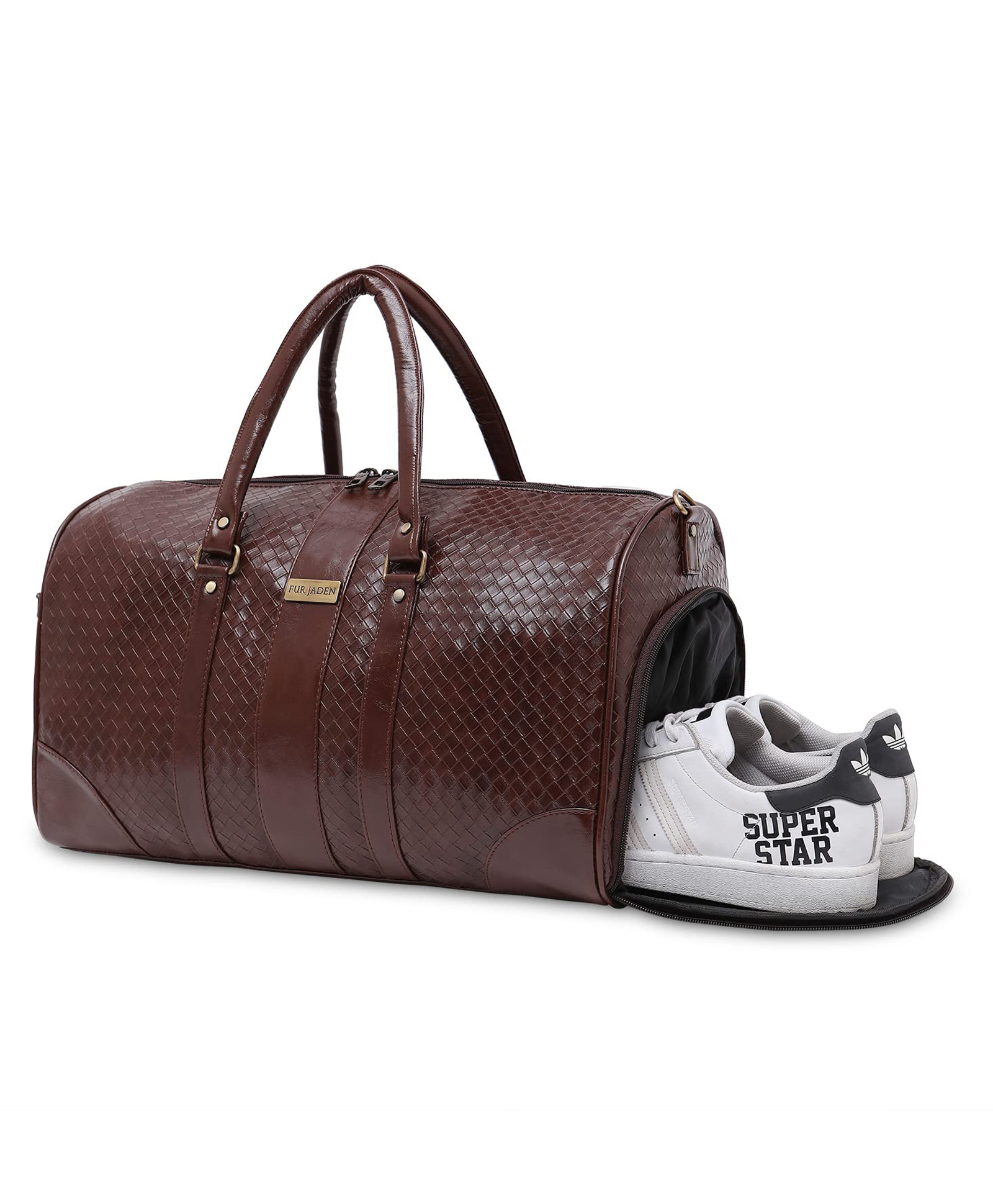 Fur Jaden Weekender Duffle Bag with Shoe Pocket for Travel for Men & Women Made of Textured Leatherette with Attachable Shoulder Strap Cabin Bag - Brown-picture-10
