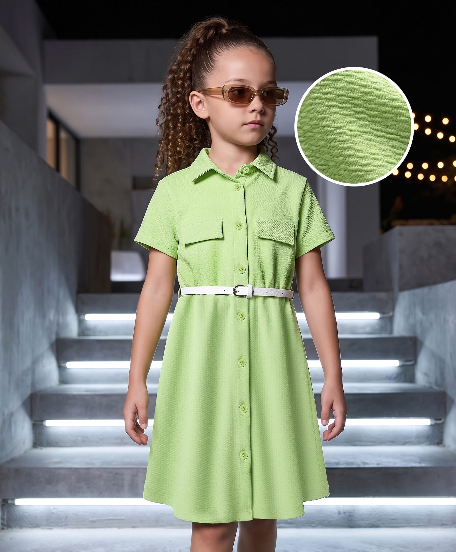 Hola Bonita Knit Half Sleeves Solid Textured Shirt Dress with Belt - Green-image-33
