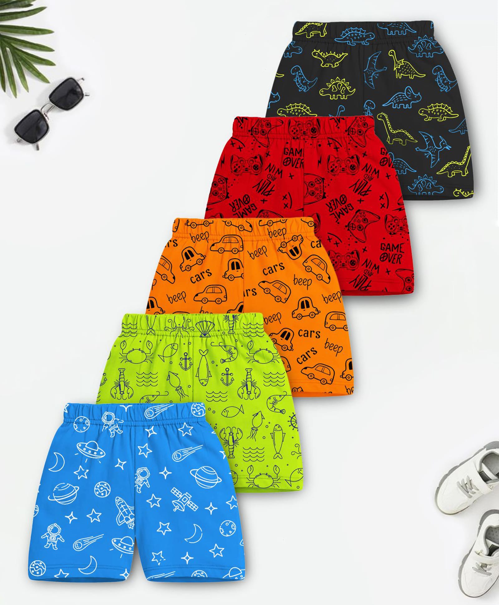 Trampoline Cotton Blend Pack Of 5 Vehicles Animal & Space Theme Printed Shorts - Multi Colour-picture-24