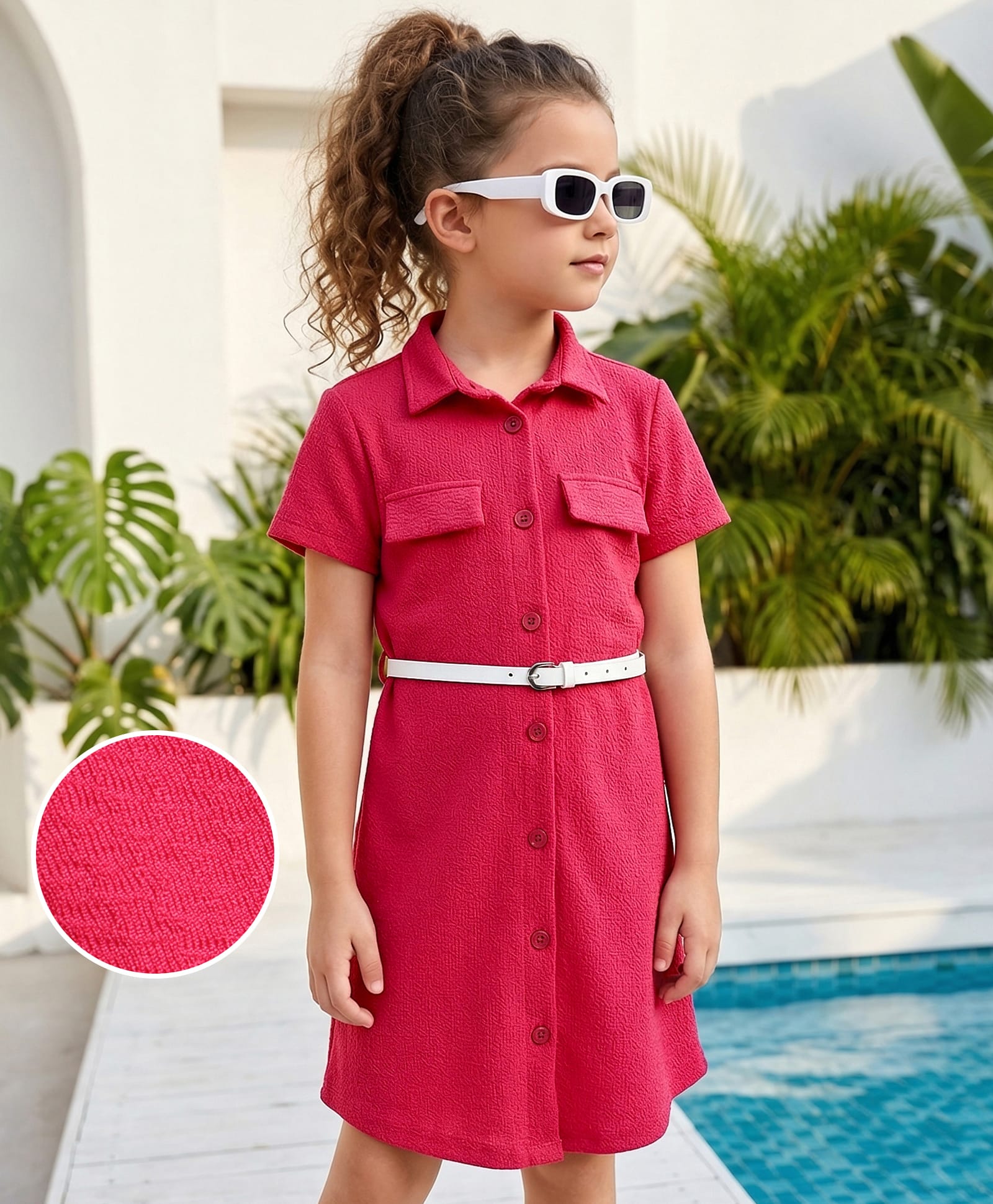 Hola Bonita Knit Half Sleeves Solid Textured Shirt Dress with Belt - Dark Pink-picture-19