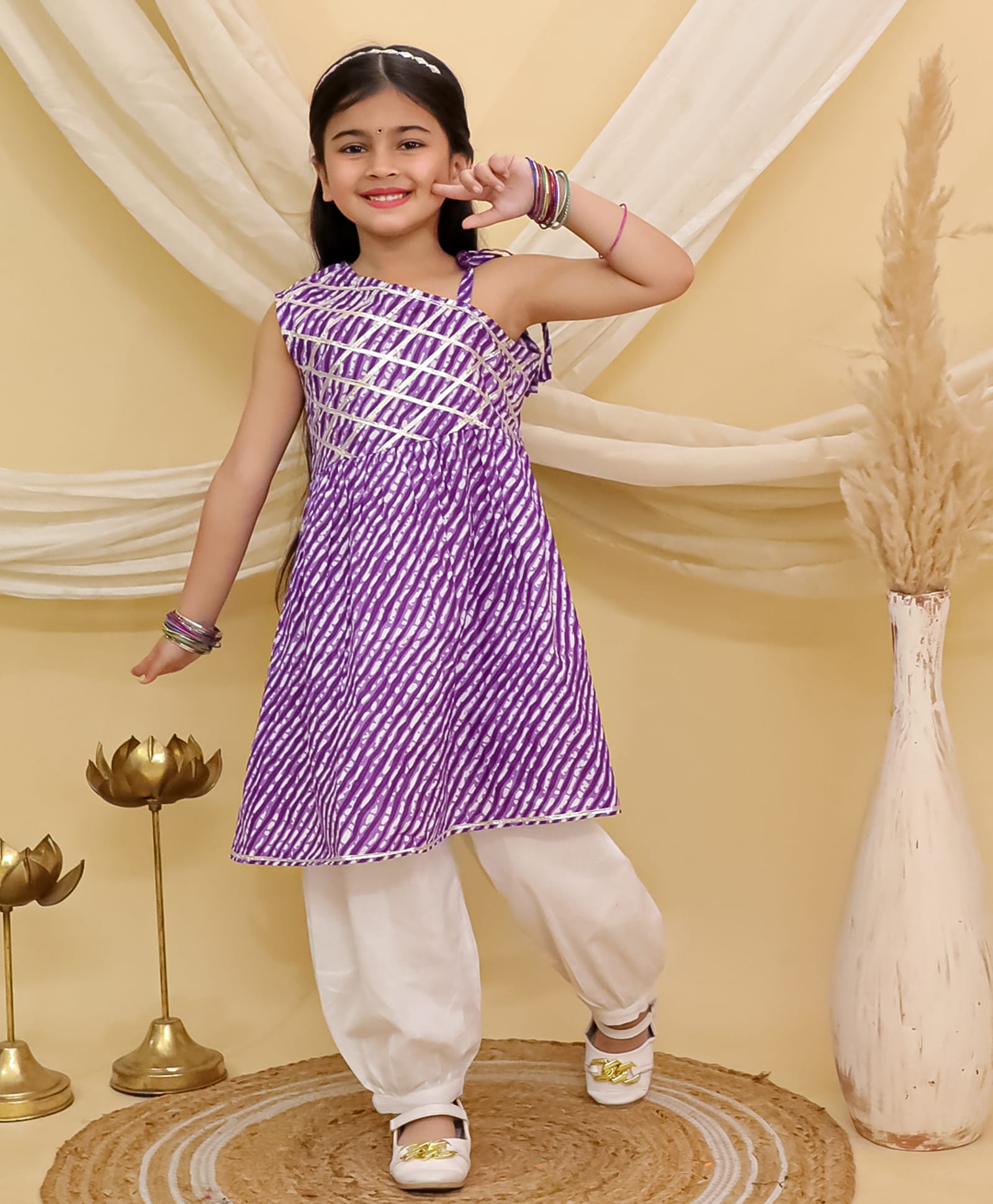BownBee Pure Cotton Woven Sleeveless Leheriya Printed Kurti & Salwar Set - Purple-picture-34