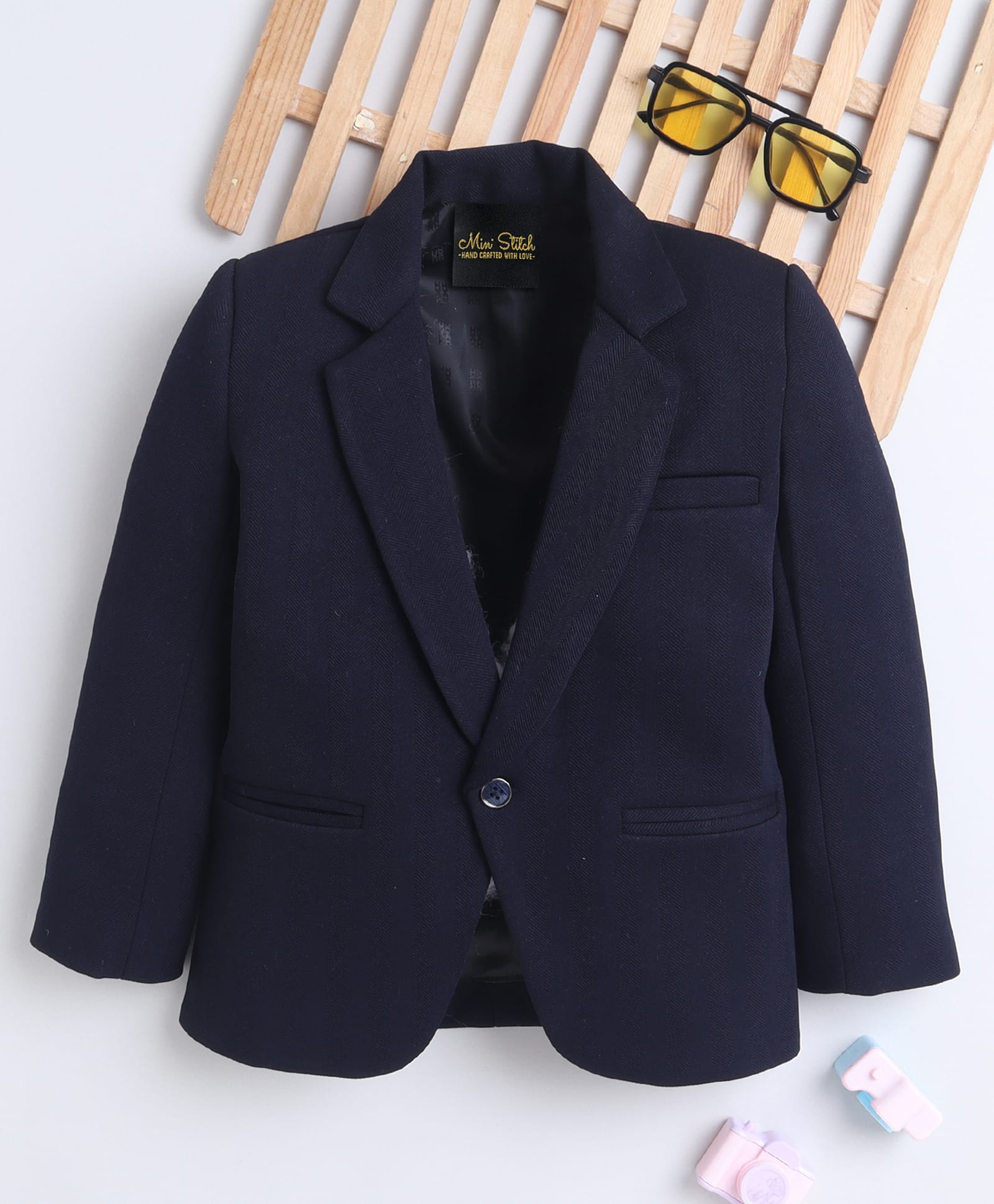 Ministitch Cotton Blend Woven Full Sleeves Solid Blazer - Navy Blue-image-9