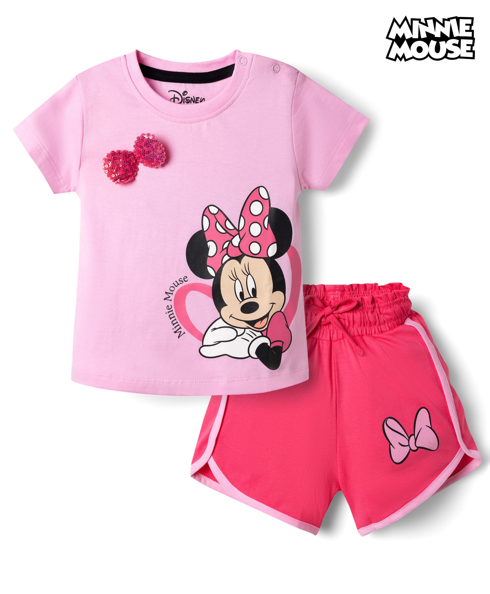 Babyhug Disney Single Jersey Knit Half Sleeve T-Shirt & Shorts Set With Minnie Mouse Graphic & Bow Sequin Applique - Pink-image-34