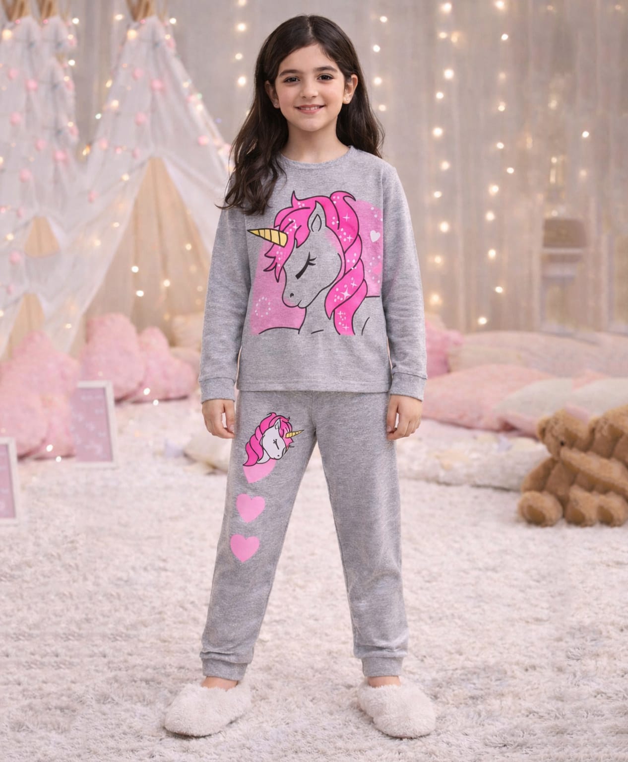 Unicorns Cotton Knit Full Sleeves Unicorn Printed Tee & Joggers Night Suit - Grey & Pink-image-28