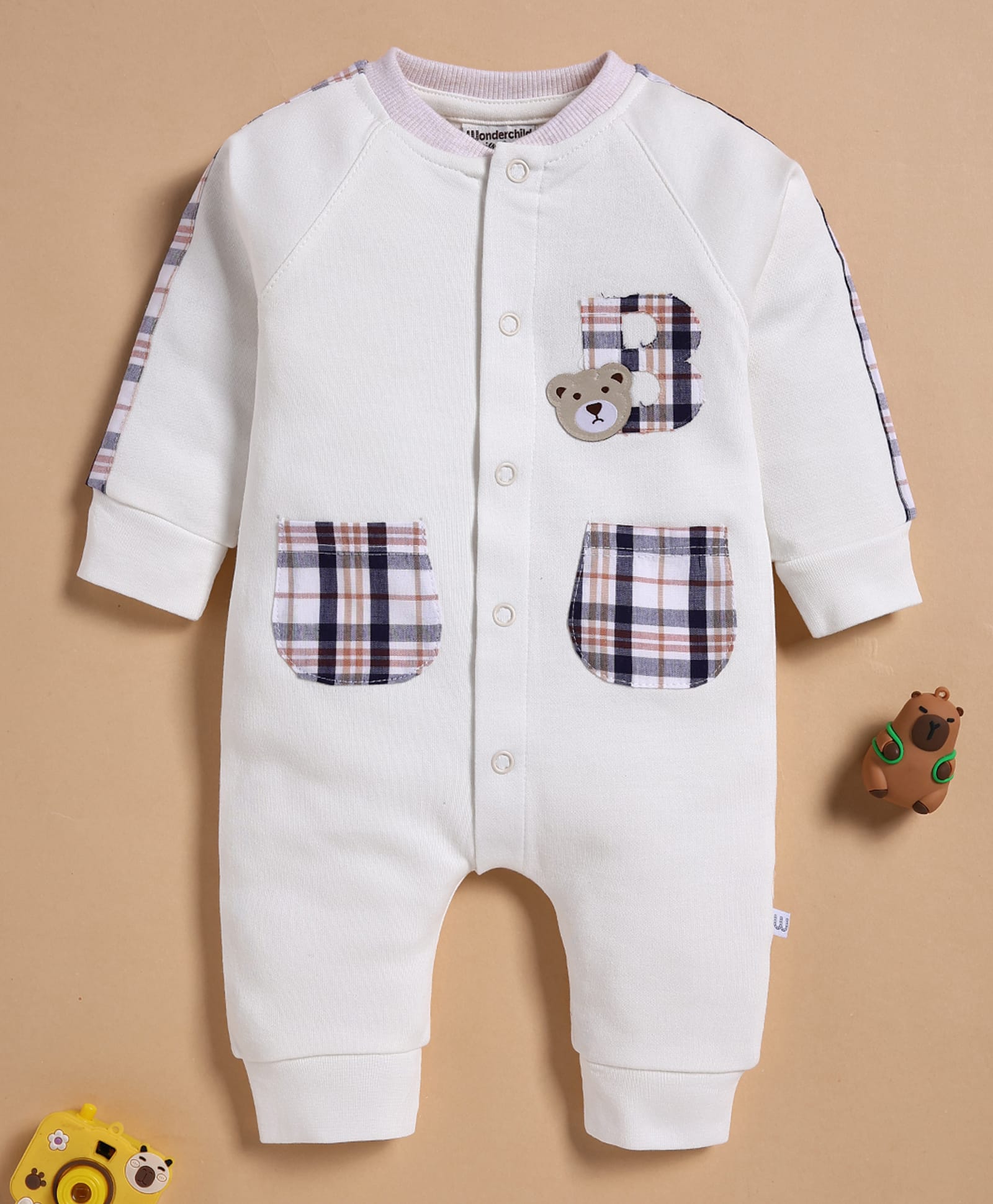 Wonderchild Full Sleeves Teddy Bear Face Applique Detailed Romper - Dull White-image-12