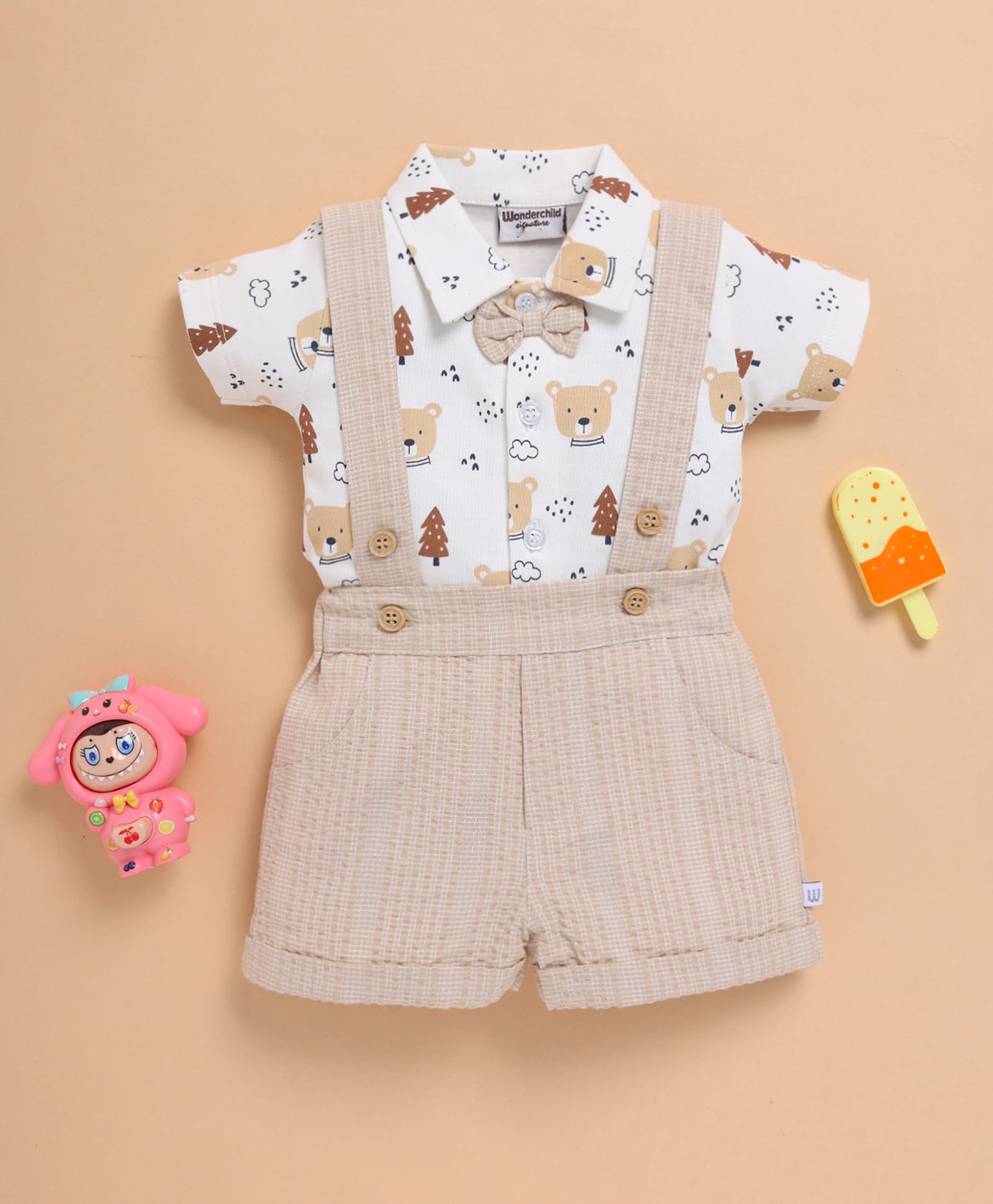 Wonderchild Half Sleeves Teddy Bear Printed Bow Applique Detailed Shirt With Gallice Shorts - White & Beige-picture-23