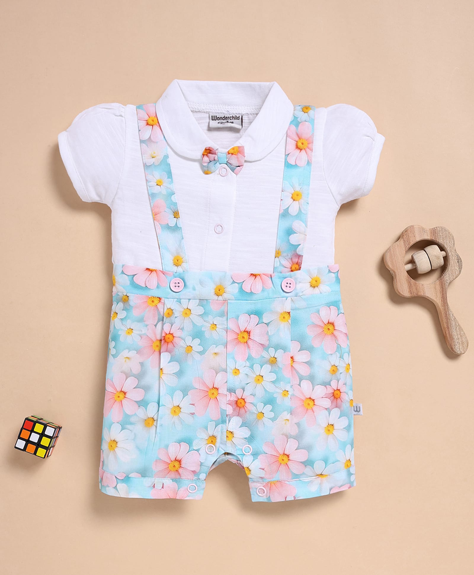 Wonderchild Half Puffed Sleeves Floral Printed & Bow Applique Detailed Tex Attached Romper - White-image-33