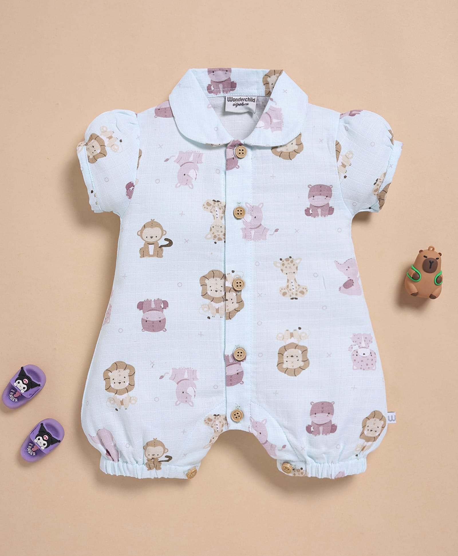 Wonderchild Half Puffed Sleeves Animals Printed Romper - Sky Blue-image-7
