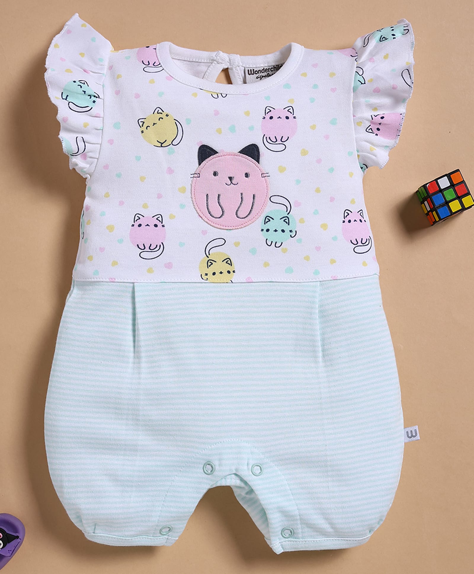Wonderchild Half Frill Sleeves Cat Patch Detailed & Printed Romper - White & Sea Green-image-30