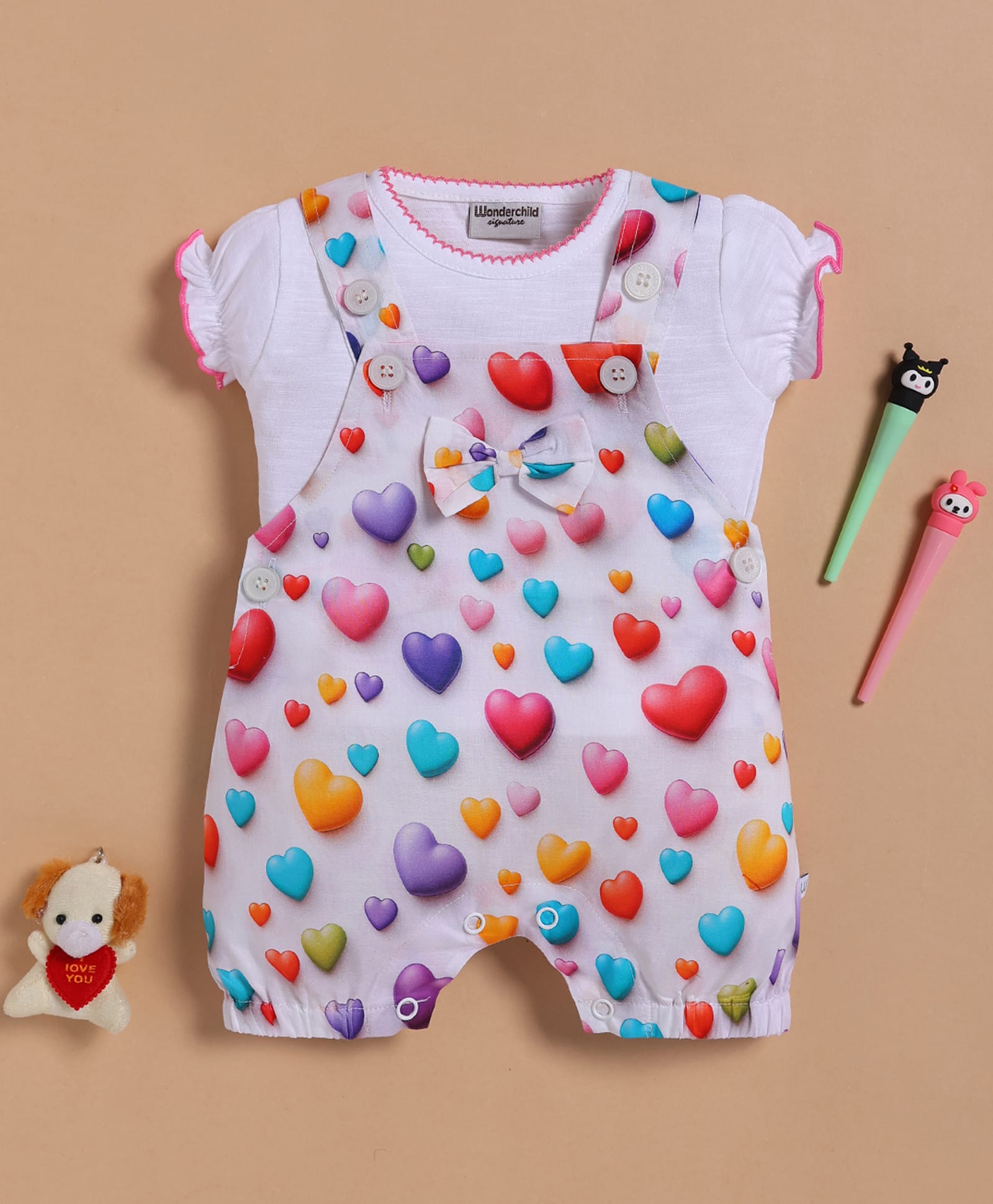 Wonderchild Hearts Printed & Bow Applique Detailed Dungaree With Half Puffed Sleeves Solid Top - White-picture-21