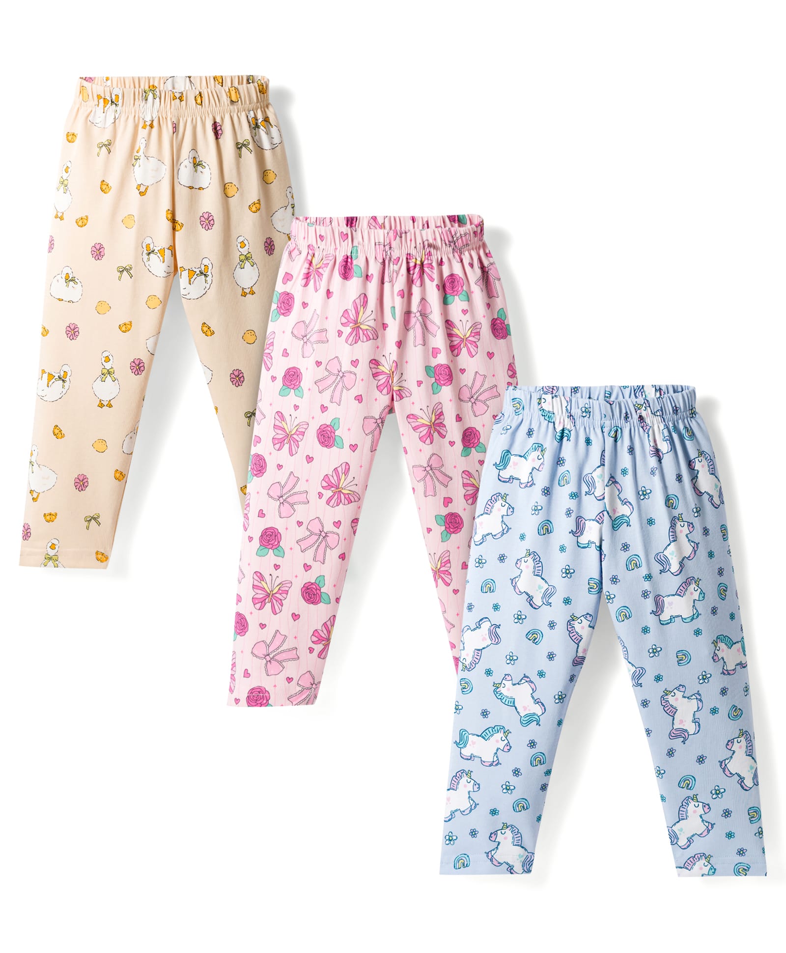 CUCUMBER Sinker Knit Full Length Floral Butterfly & Unicorn Theme Printed Leggings Pack of 3 - Baby Pink Light Yellow & Light Blue-picture-28
