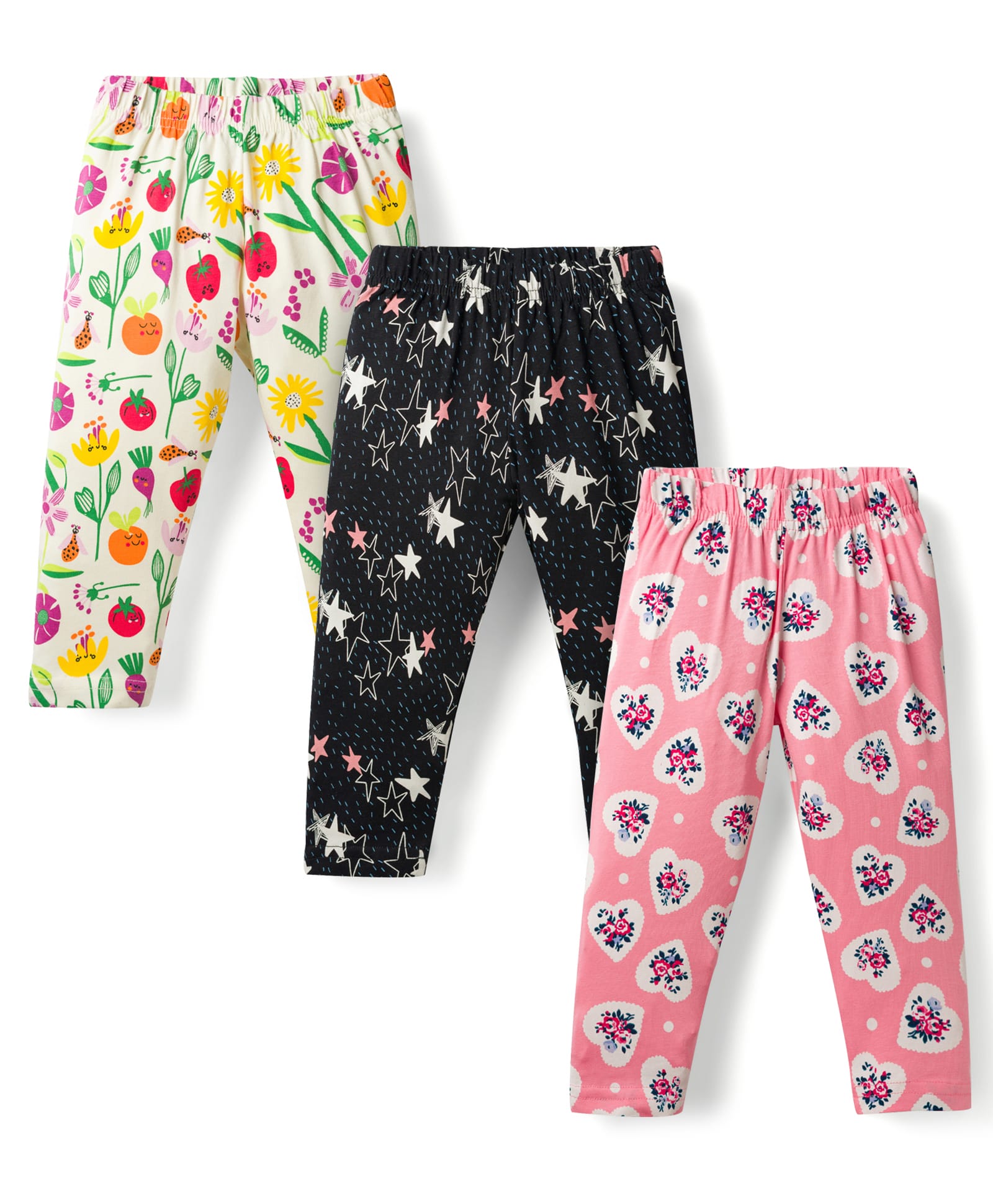 CUCUMBER Sinker Knit Full Length Tropical Floral & Hearts Printed Leggings Pack Of 3 - Cream Black & Peach-picture-16