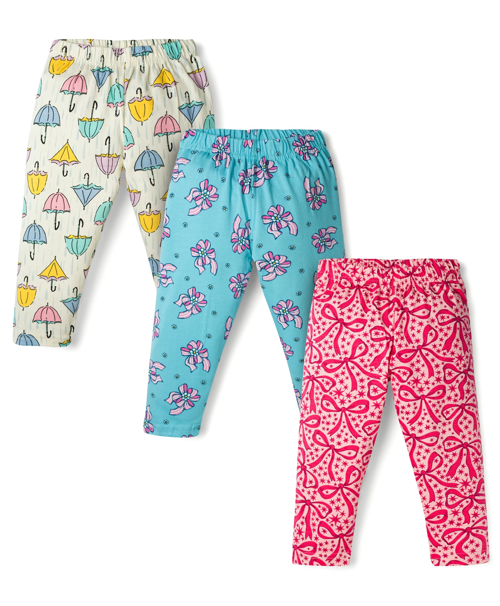 CUCUMBER Sinker Knit Full Length Floral Bow Printed Leggings Pack Of 3- Cream Aqua Blue & Pink-picture-11