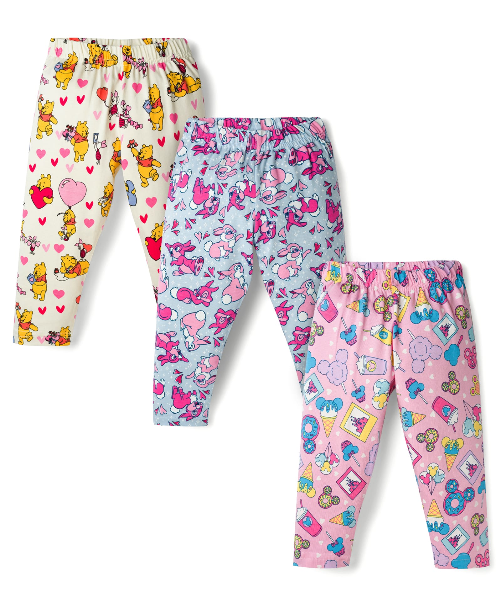 CUCUMBER Sinker Knit Full Length Winnie The Pooh & Micky Mouse Theme Printed Leggings Pack Of 3 - Lilac Cream & Light Blue-image-40