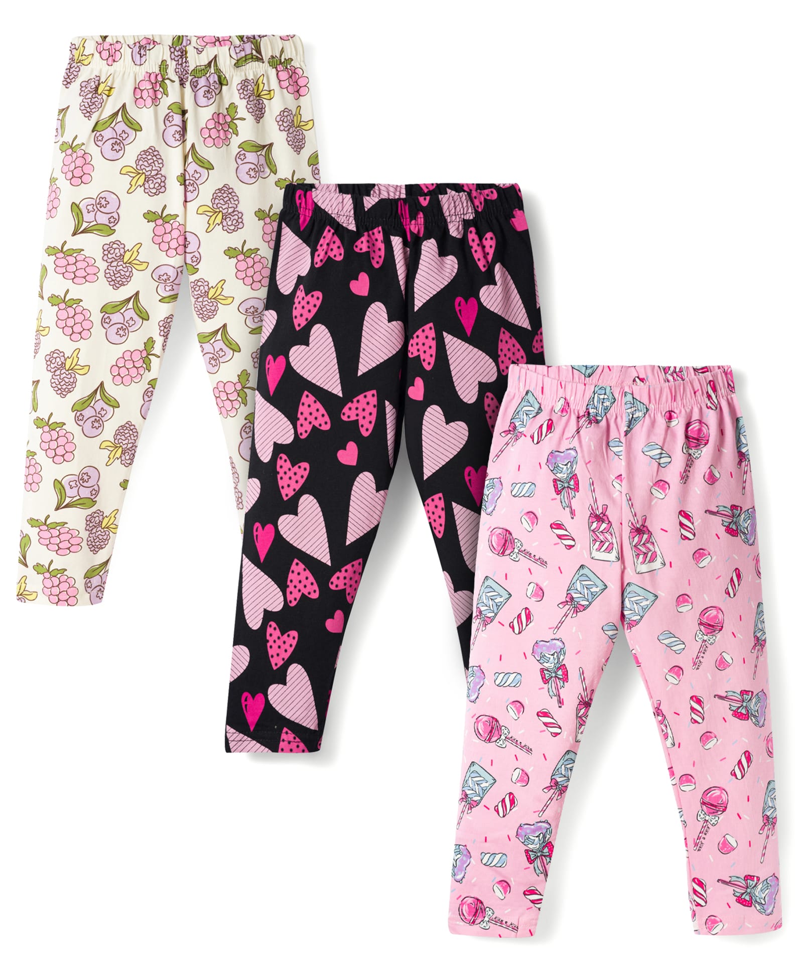 CUCUMBER Sinker Knit Full Length Hearts & Tropical Theme Printed Leggings Pack Of 3 - Black Baby Pink & Cream-image-8