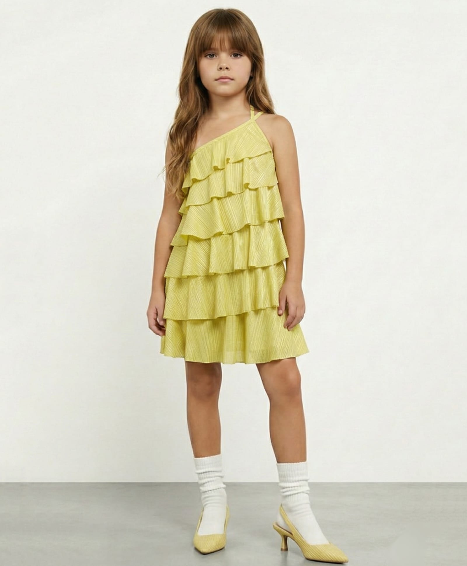 Taffykids Knit One Shoulder Sleeveless Textured Layered Dress - Green-image-34