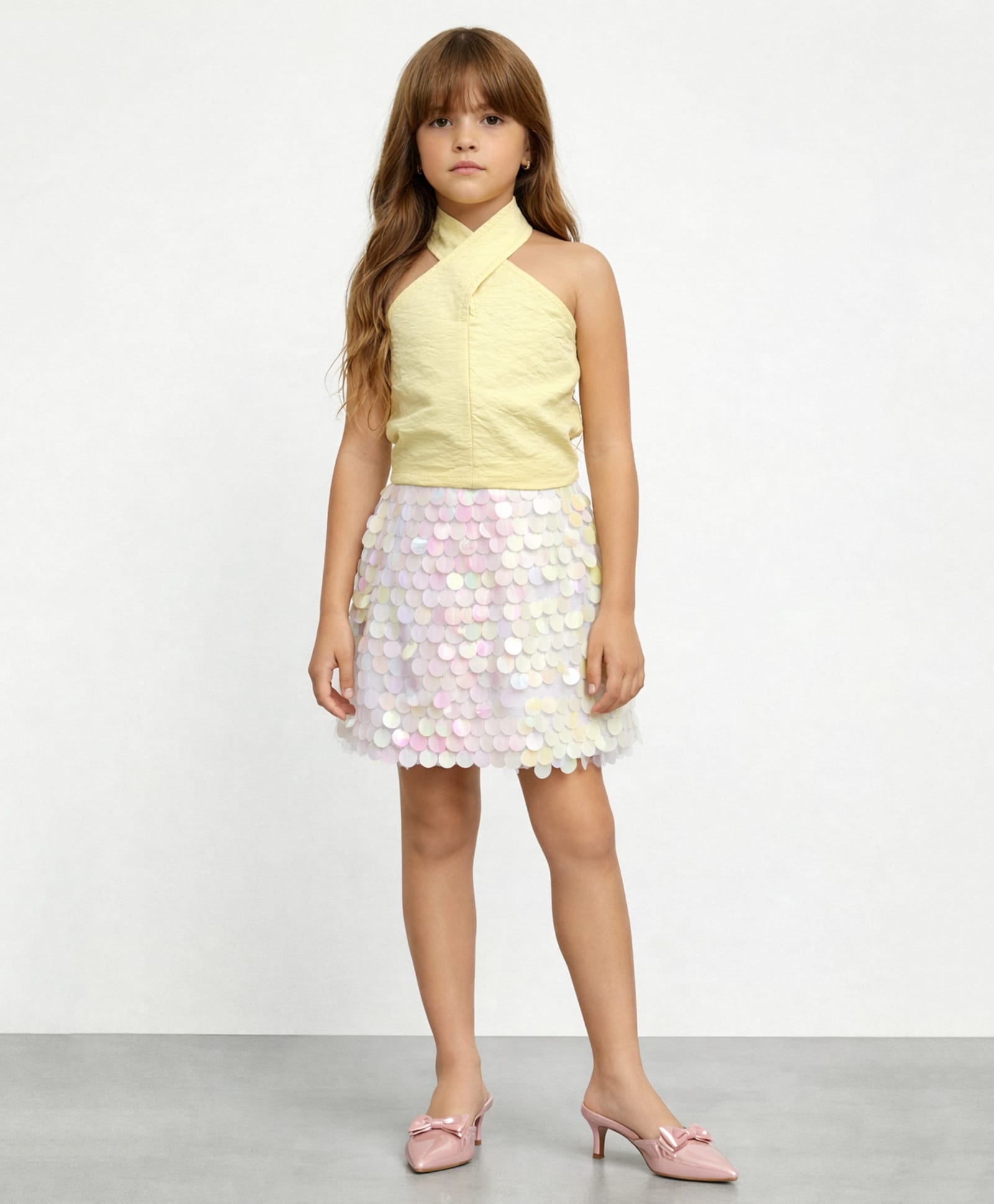 Taffykids Woven Sleeveless Solid Crop Top & Skirt Set - Yellow & Multi Colour-picture-21