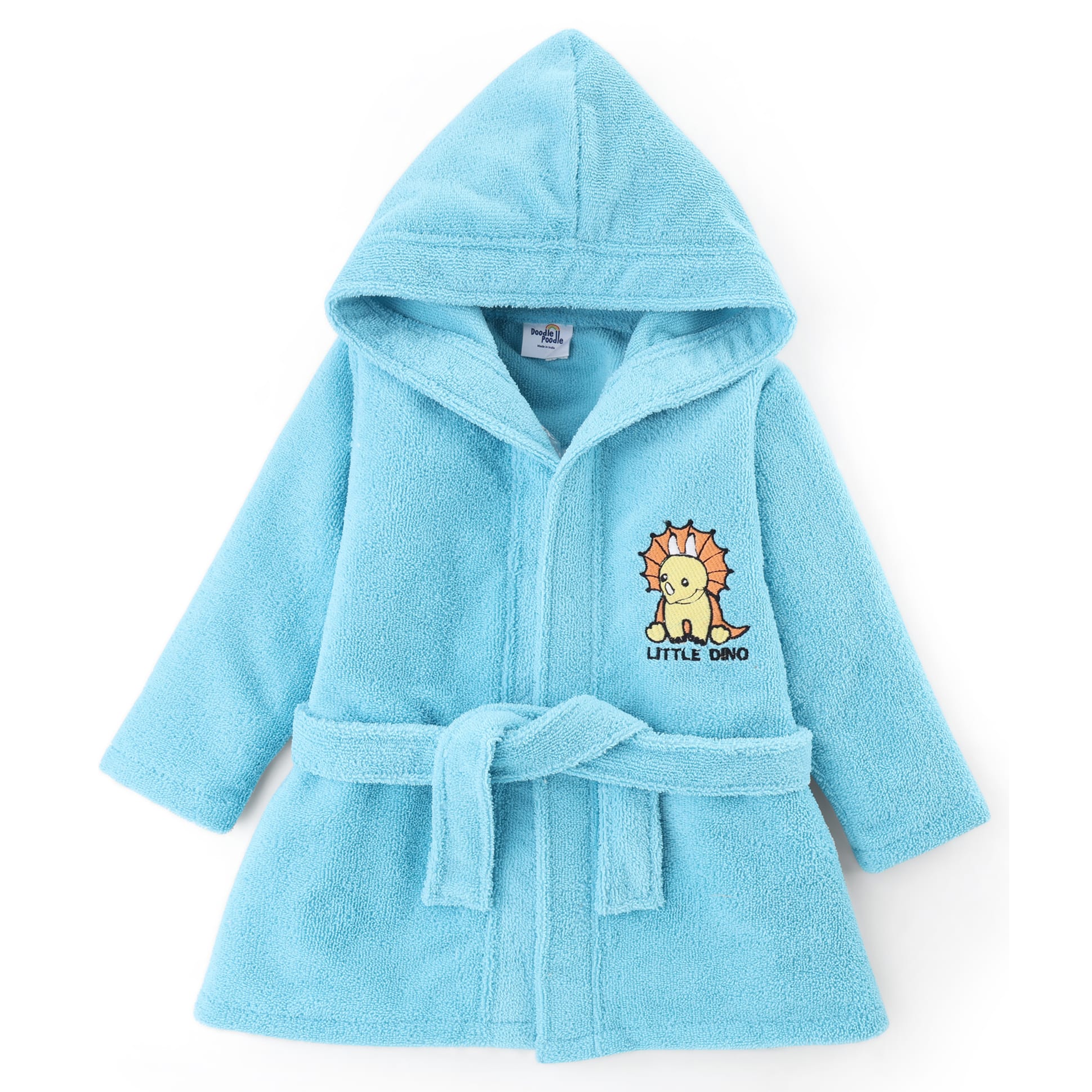 Doodle Poodle Cotton Terry Knit Full Sleeves Dino Embroidered Hooded Bath Robe - Light Blue-picture-3