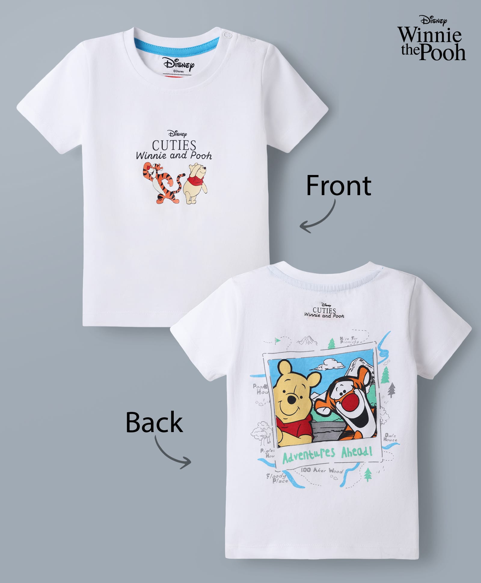 Babyhug Disney Single Jersey Knit Half T-Shirt With Front & Back Winnie The Pooh Graphic - White-image-1