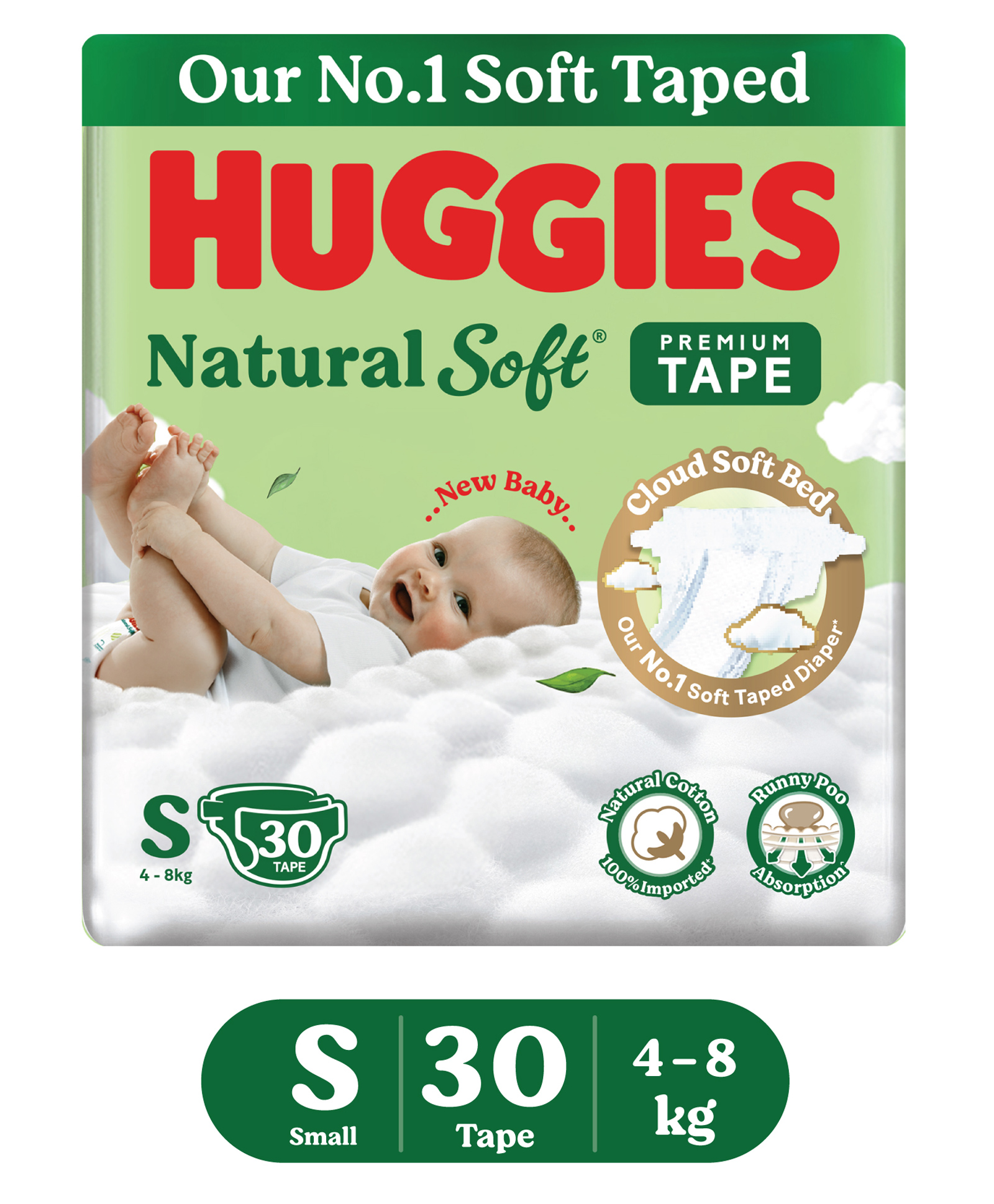 Huggies Natural Soft Premium Tape Diapers Small (S) Size 4-8 kgs 30 Count Our No.1 Soft Taped Diaper with Cloud Soft Bed & Runny Poo Absorption-image-39