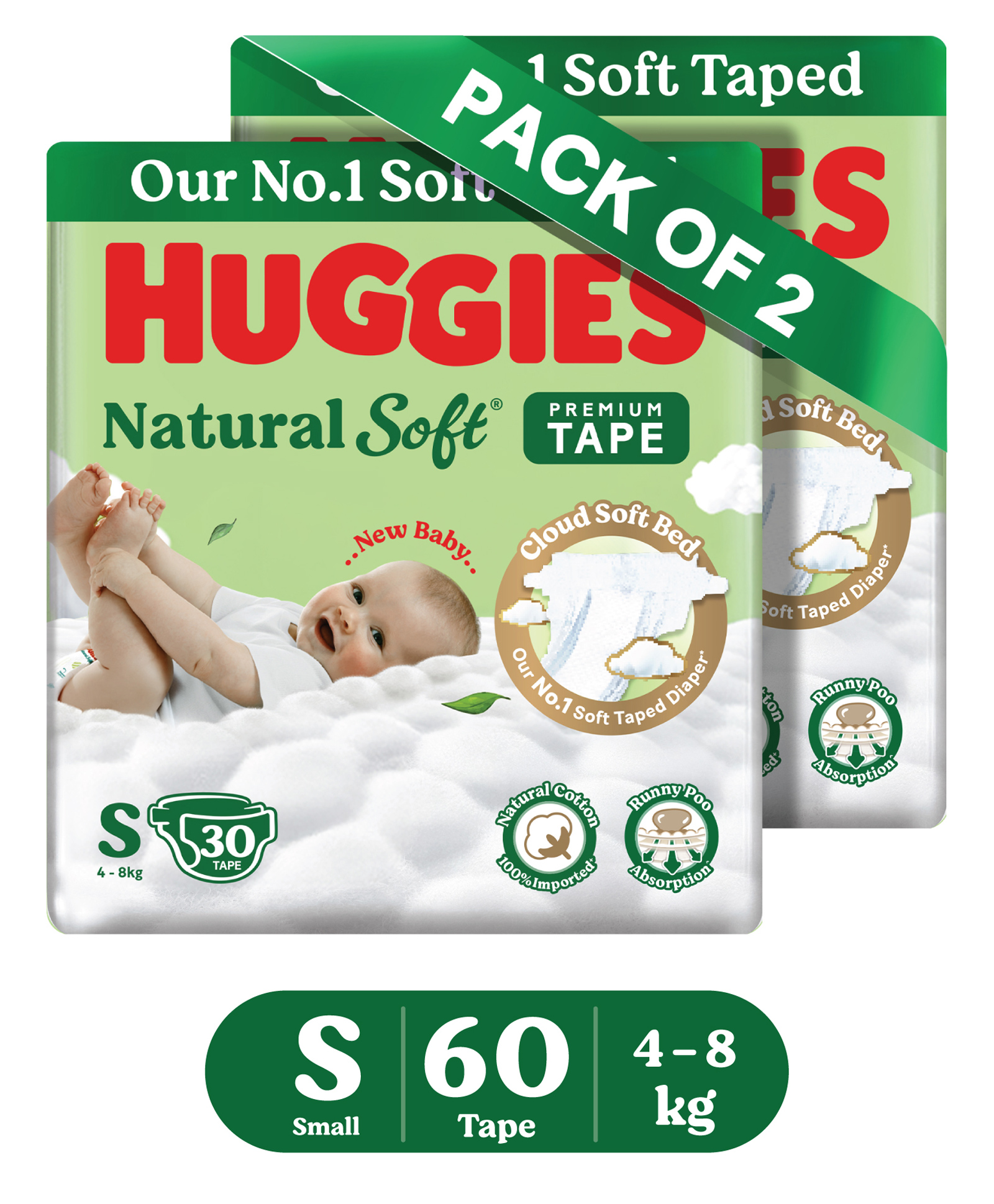 Huggies Natural Soft Premium Tape Diapers Small (S) Size 4-8 kgs 60 Count | Our No.1 Soft Taped Diaper with Cloud Soft Bed and Runny Poo Absorption Pack Of 2