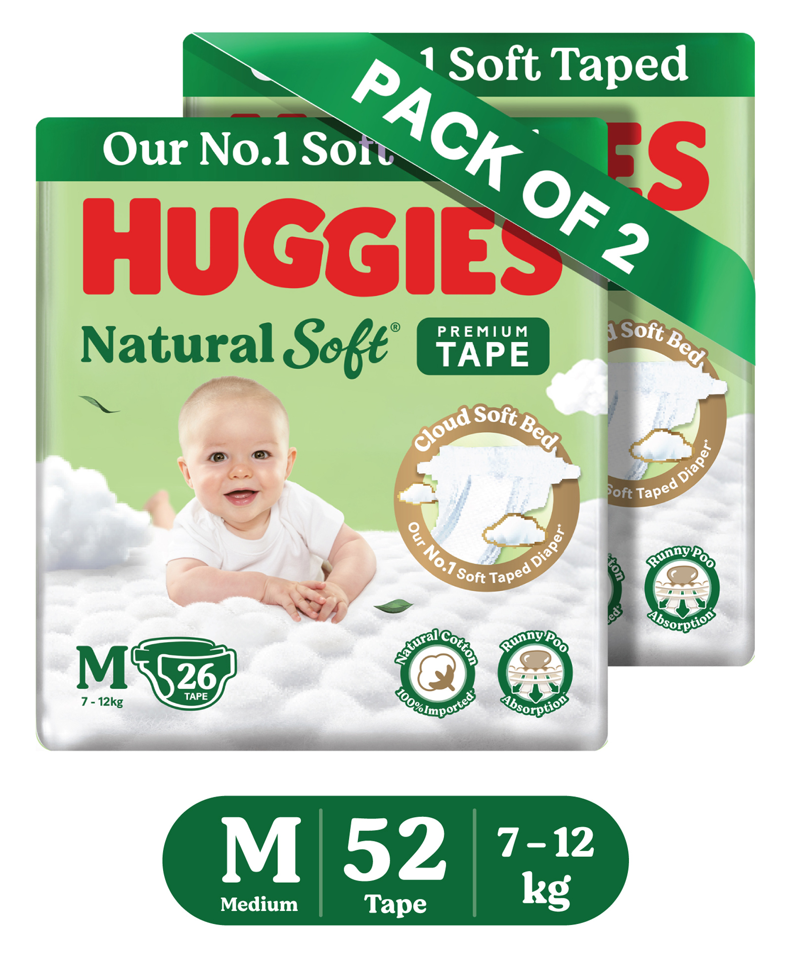 Huggies Natural Soft Premium Tape Diapers Medium (M) Size 7-12 kgs 52 Count | Our No.1 Soft Taped Diaper with Cloud Soft Bed & Runny Poo Absorption Pack Of 2