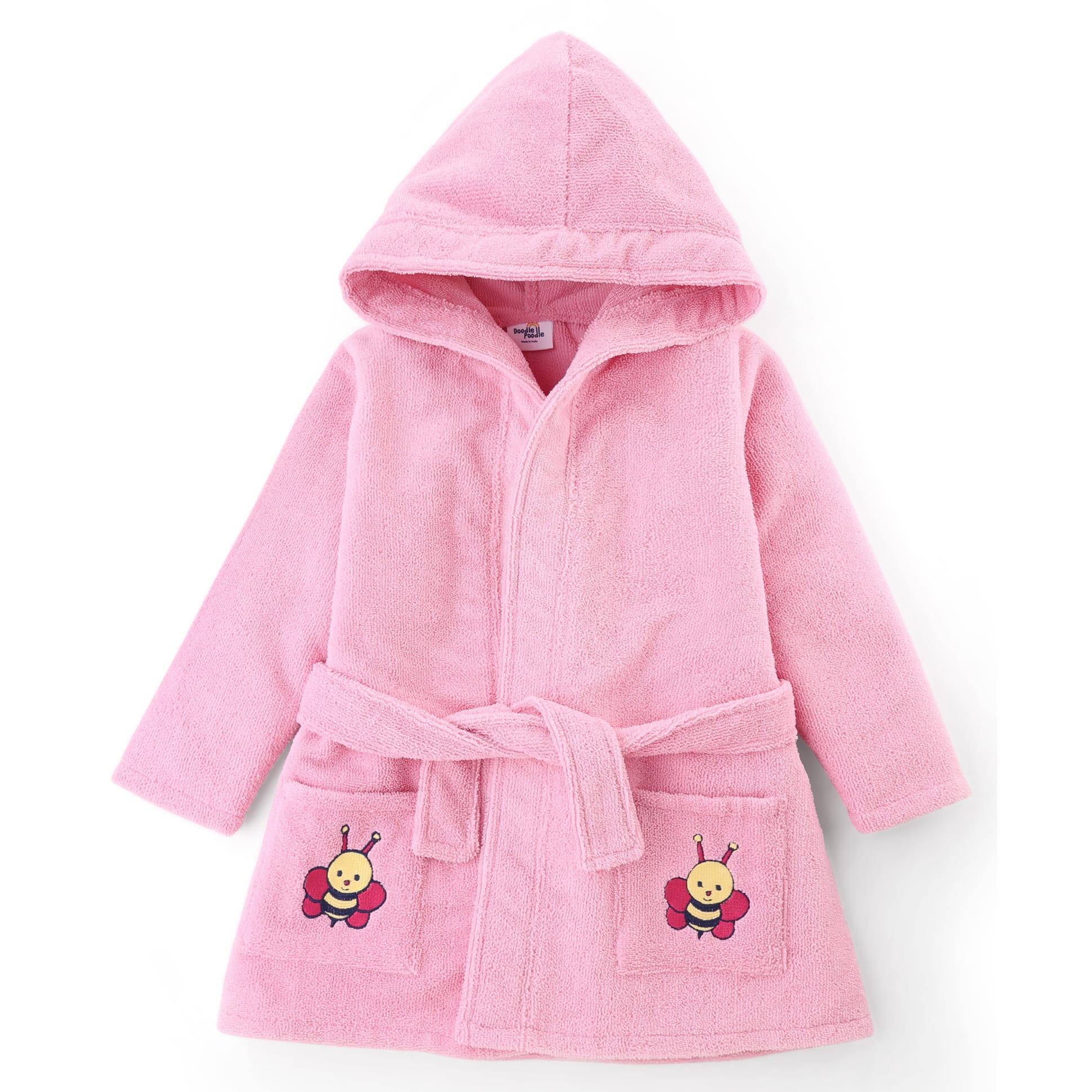 Doodle Poodle Cotton Terry Knit Full Sleeves Bees Embroidered Hooded Bath Robe - Light Pink-image-1