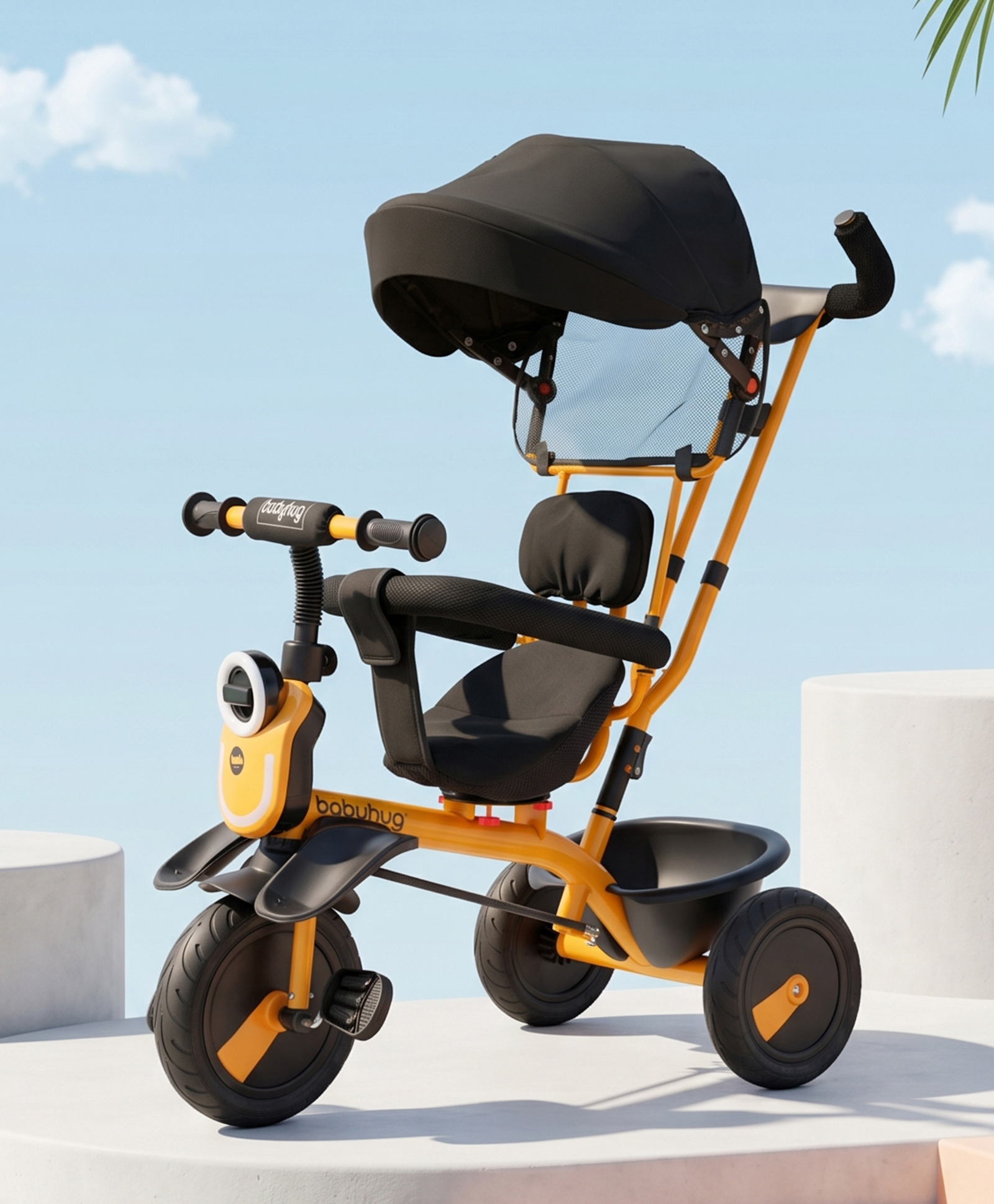 Babyhug AeroGlide 3-in-1 Tricycle with 360° Swivel Seat - Orange| Light & Music| Parent Push Handle| Adjustable Canopy| Puncture-Proof Rubber Wheels| Storage Baskets| Footrest- Yellow-image-29