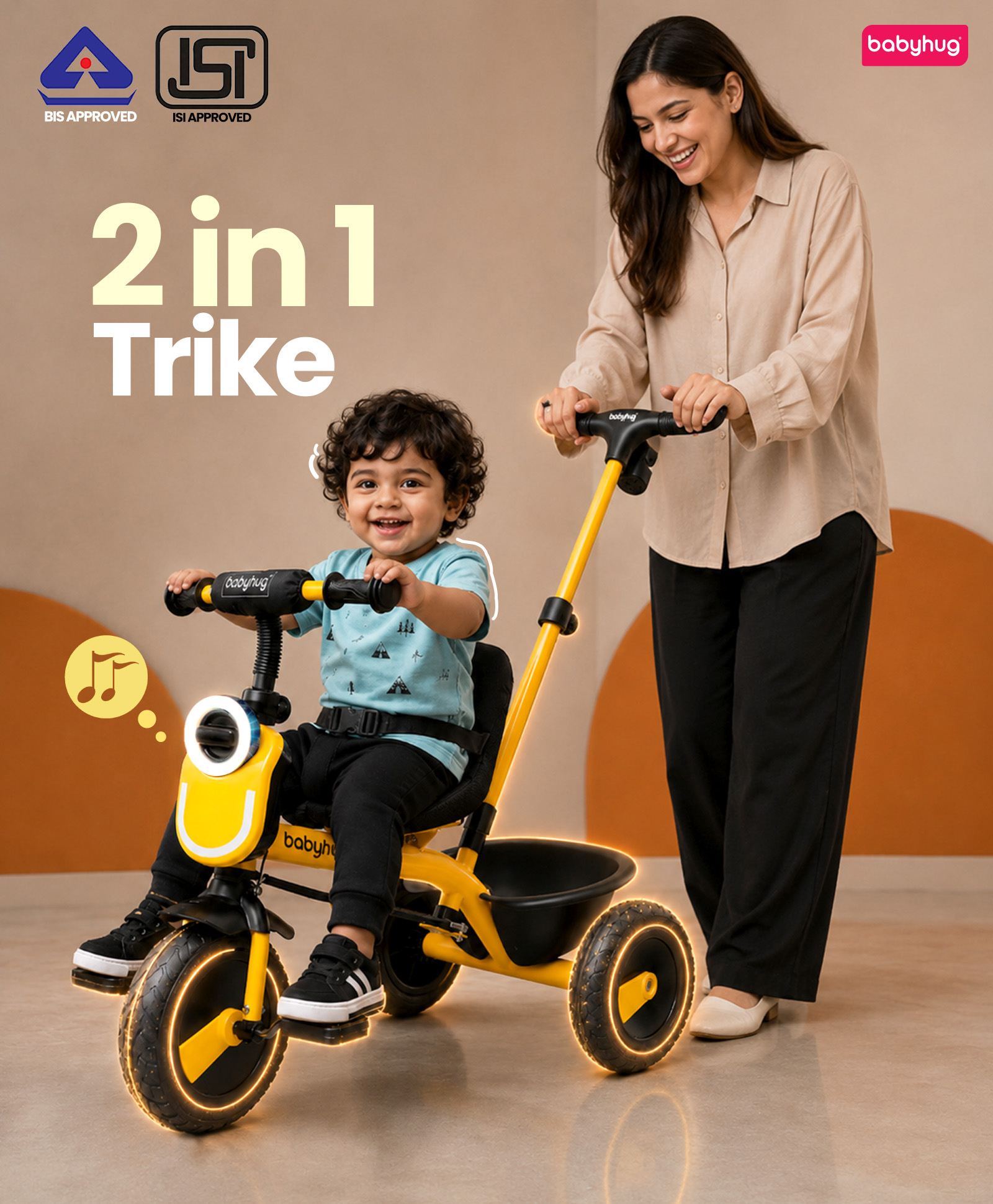 Babyhug AeroGlide 3-in-1 Tricycle with 360° Swivel Seat - Yellow| Light & Music| Parent Push Handle| Adjustable Canopy| Puncture-Proof Rubber Wheels| Storage Baskets- Yellow-picture-15