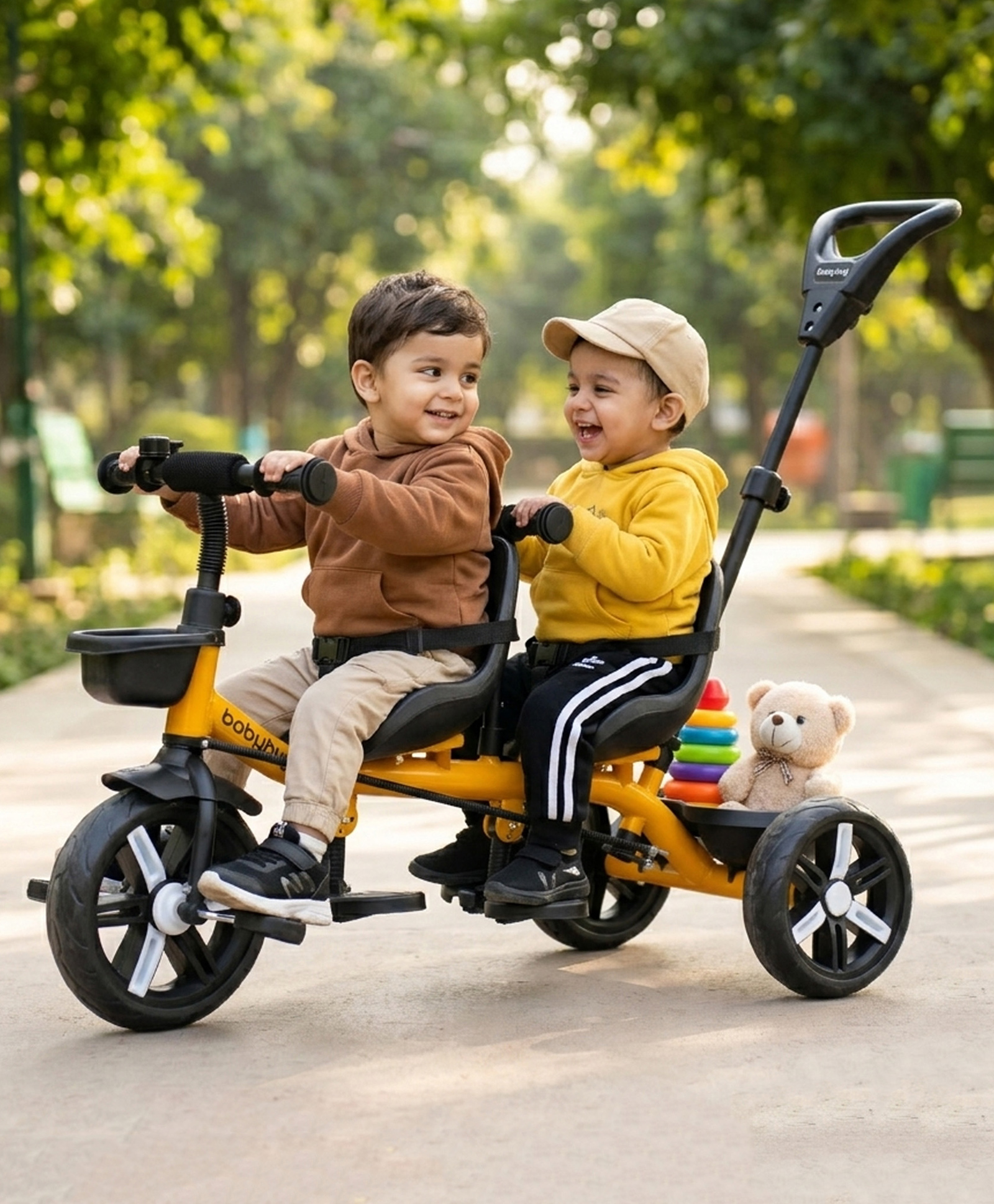 Babyhug AeroGlide DuoExplorer: 2-in-1 Twins Tricycle with Puncture Proof EVA Wheels - Yellow| Dual Seats & Parental Control Handle| Foldable Footrest| Safety Harness| Non-slip Pedals-image-26