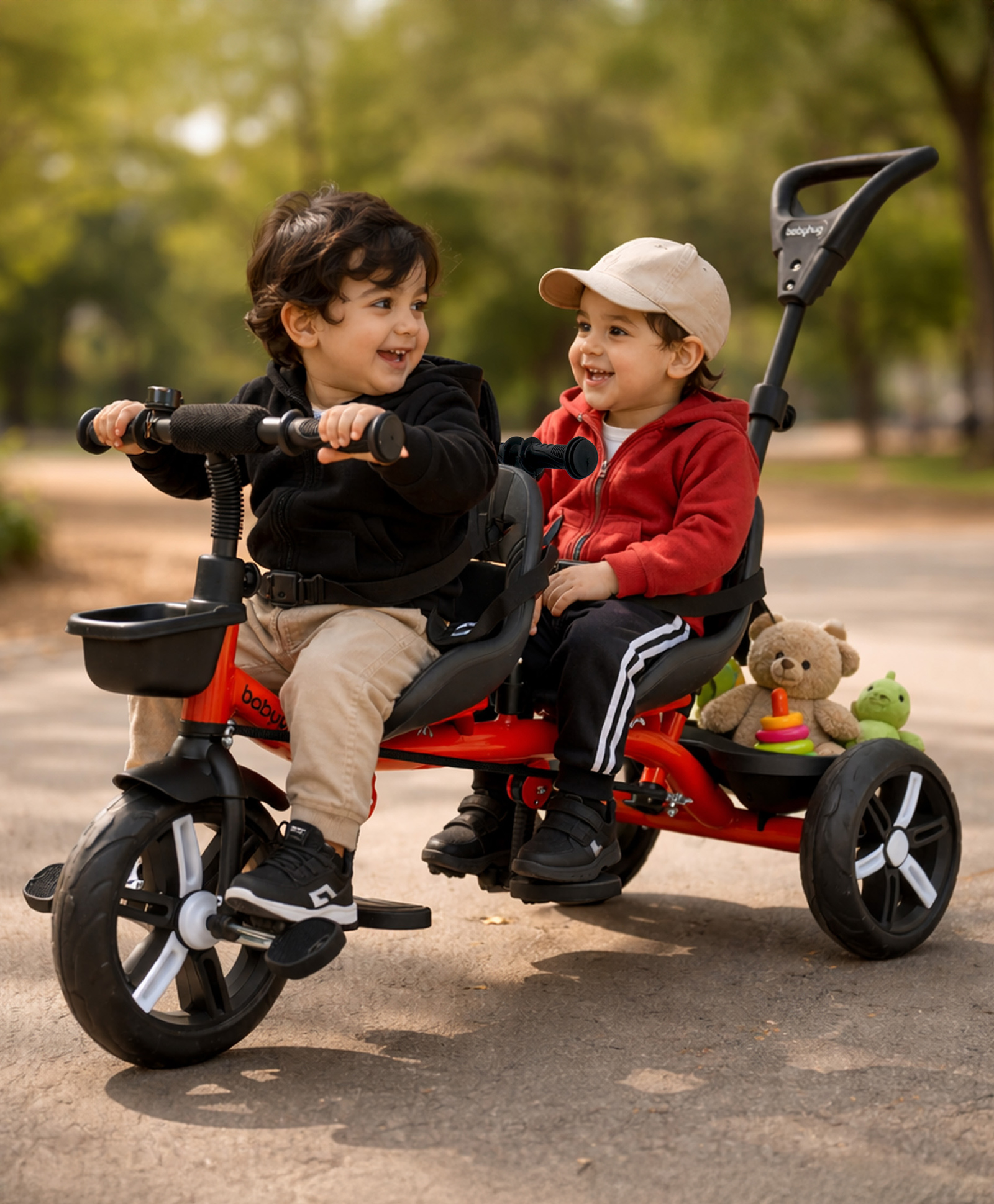 Babyhug AeroGlide DuoExplorer: 2-in-1 Twins Tricycle with Puncture Proof EVA Wheels - Red| Dual Seats & Parental Control Handle| Foldable Footrest| Safety Harness| Non-slip Pedals-image-33