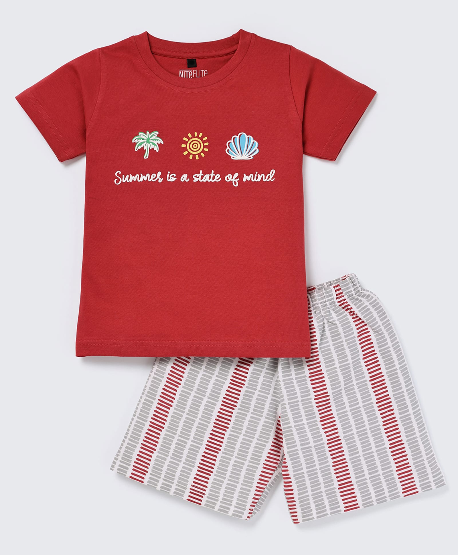 Nite Flite Cotton Knit Half Sleeves Summer Is A State Of Mind Text Printed Tee & Shorts Night Suit - Multi Colour-picture-38