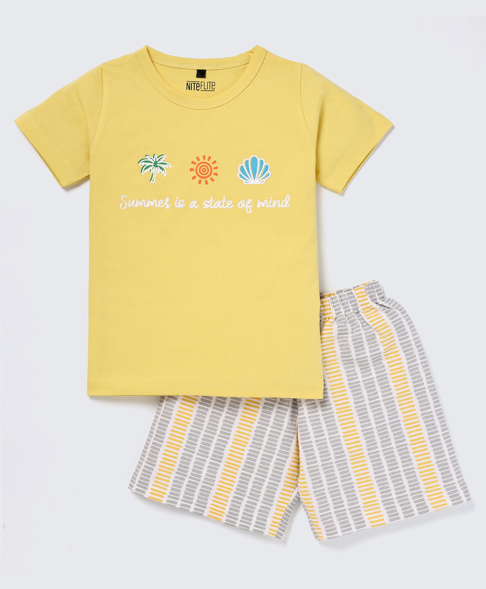 Nite Flite Cotton Knit Half Sleeves Summer Is A State Of Mind Text Printed Tee & Shorts Night Suit - Multi Colour-picture-25