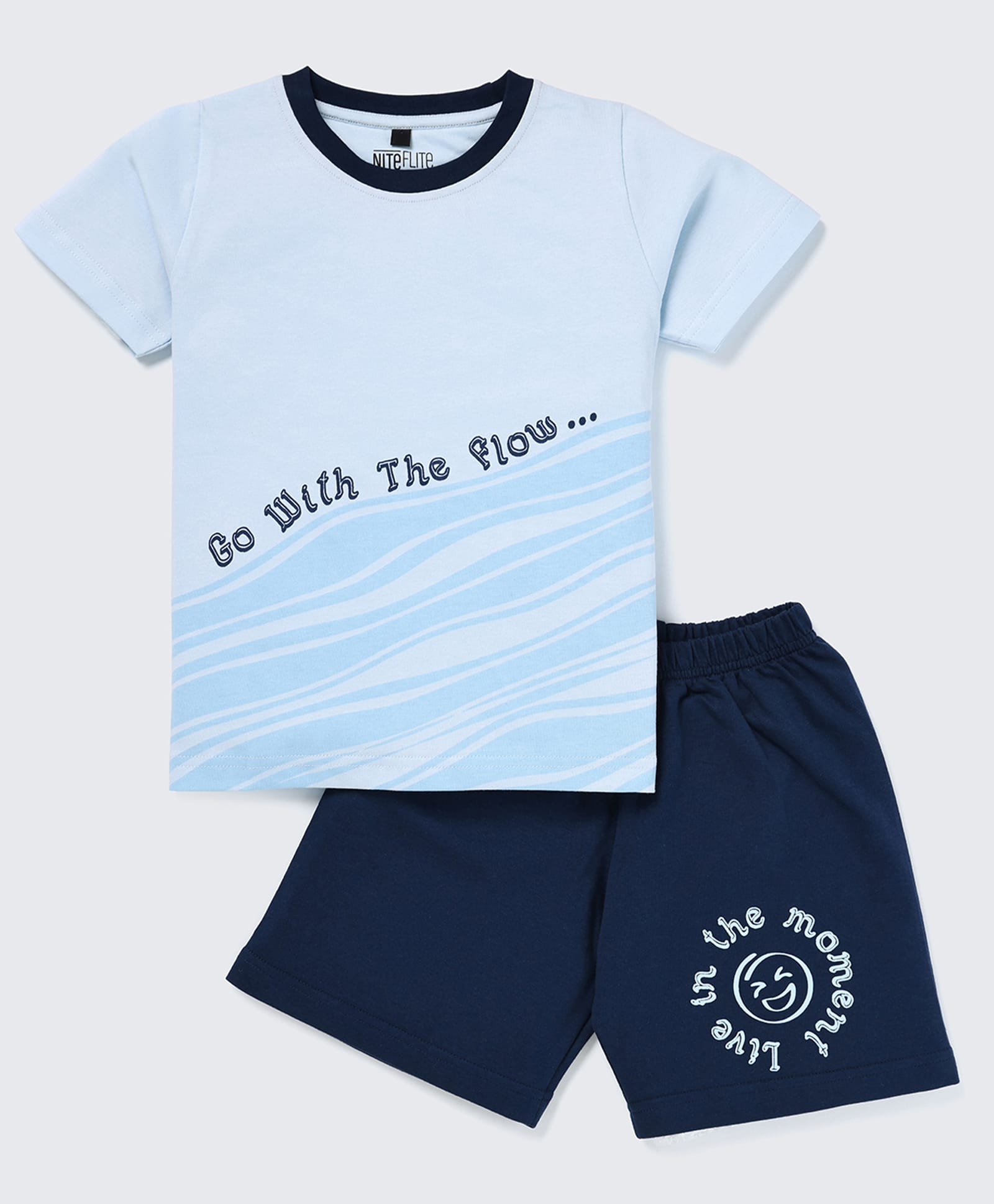 Nite Flite Cotton Knit Half Sleeves Go With The Flow Text Printed Tee & Shorts Night Suit - Multi Colour-picture-23