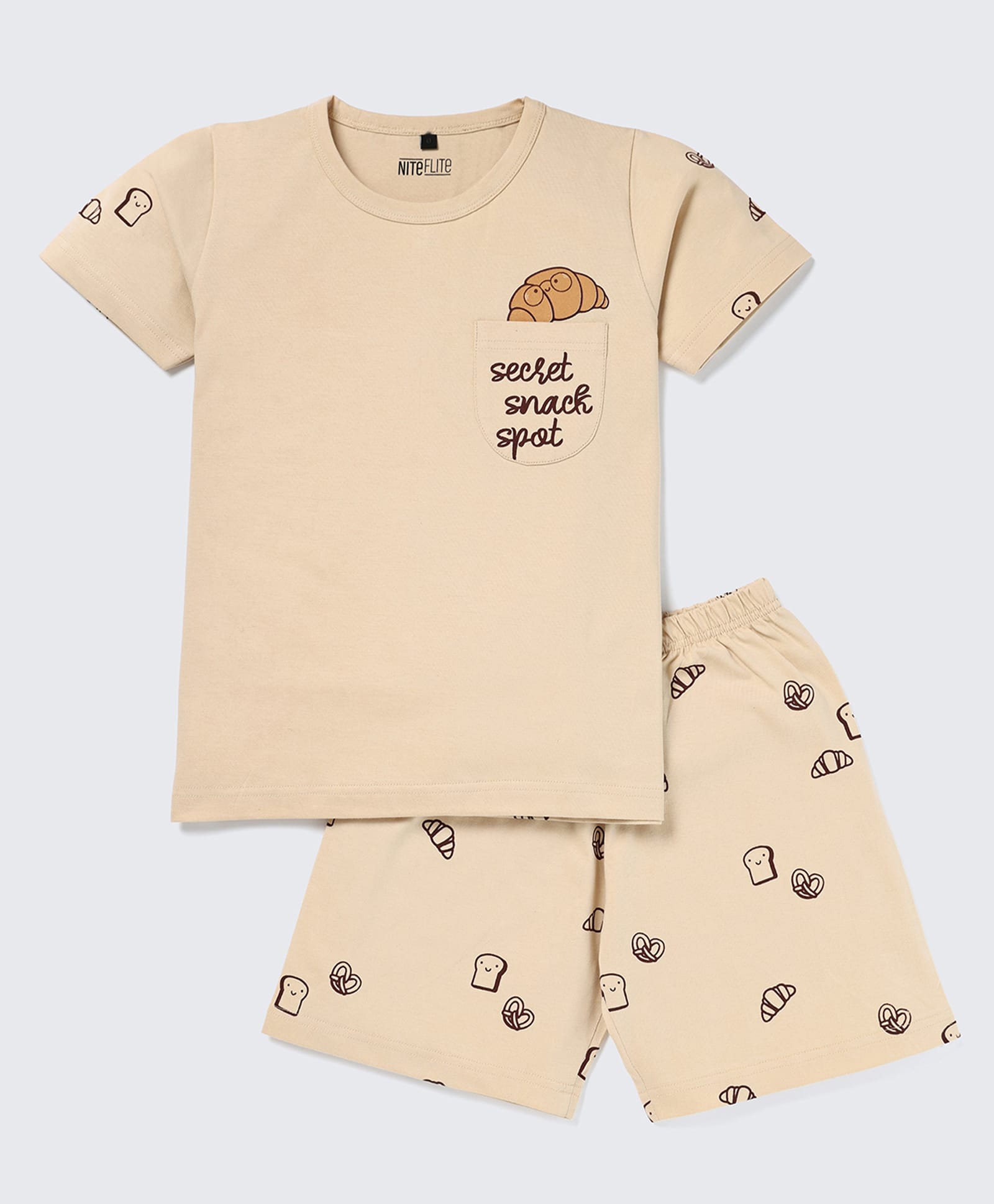 Nite Flite Cotton Knit Half Sleeves Secret Snack Spot Text Printed Tee & Shorts Night Suit - Multi Colour-picture-36